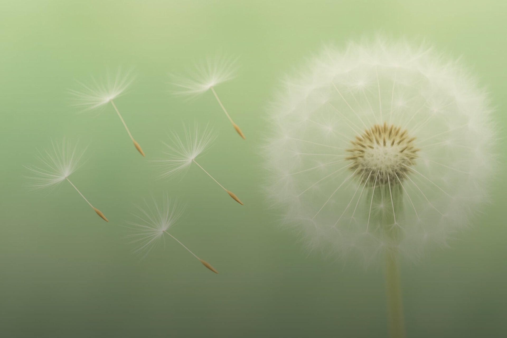 Pusteblume mit fliegenden Schirmchen vor grünem Hintergrund