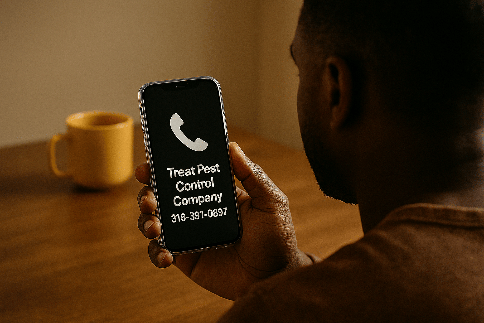 Man holding cell phone calling Treat Pest Control Company today