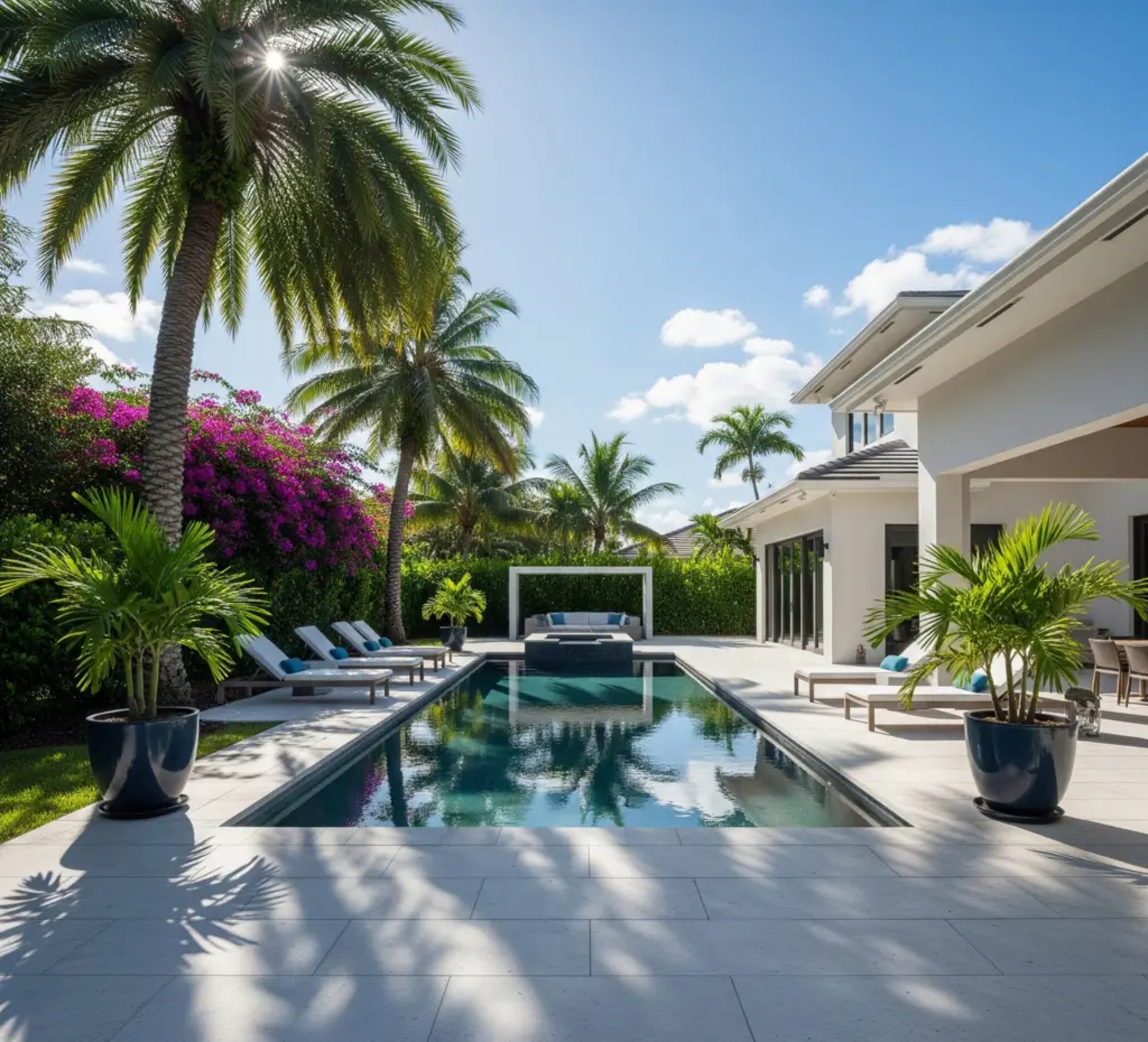 a big pool with concrete deck and sun loungers