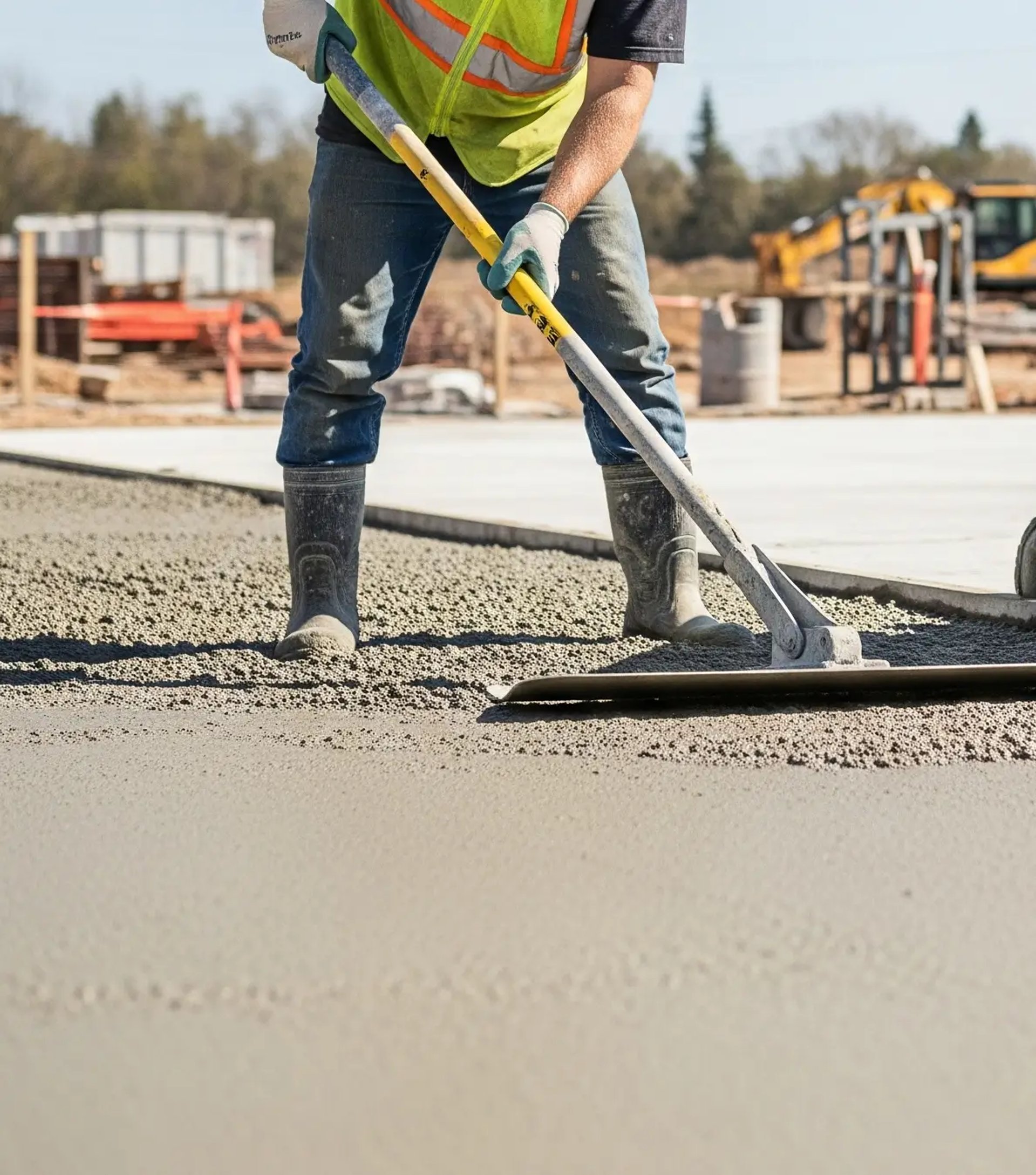 a man is leveling a freshly poured concrete walkway in Plantation, FL