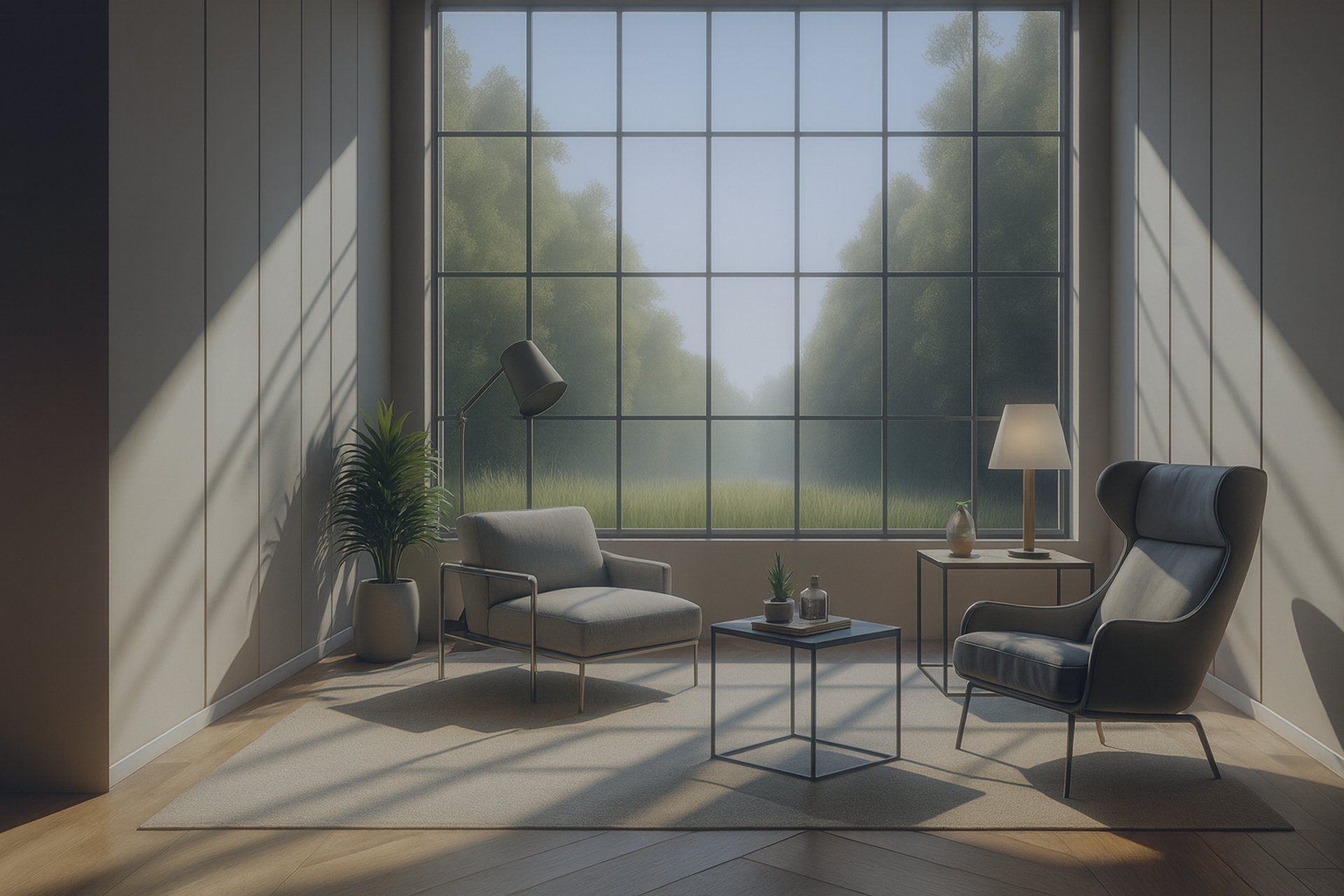 a living room filled with furniture and a mirror