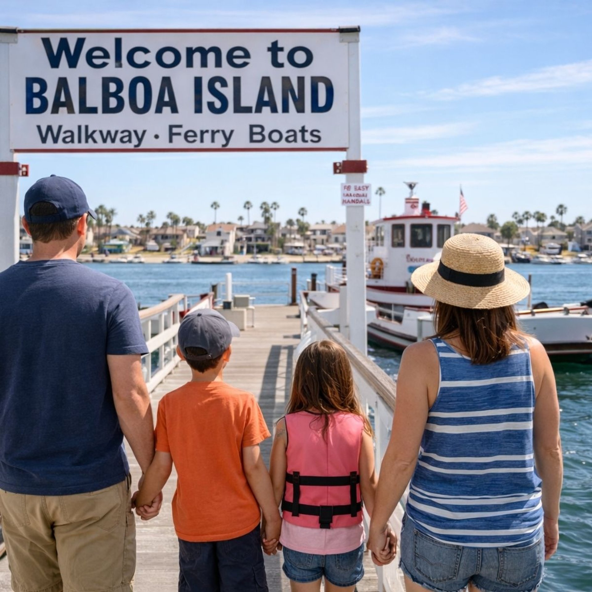 Family walking on Balboa Island in Newport Beach, near the ferry and calm spring water