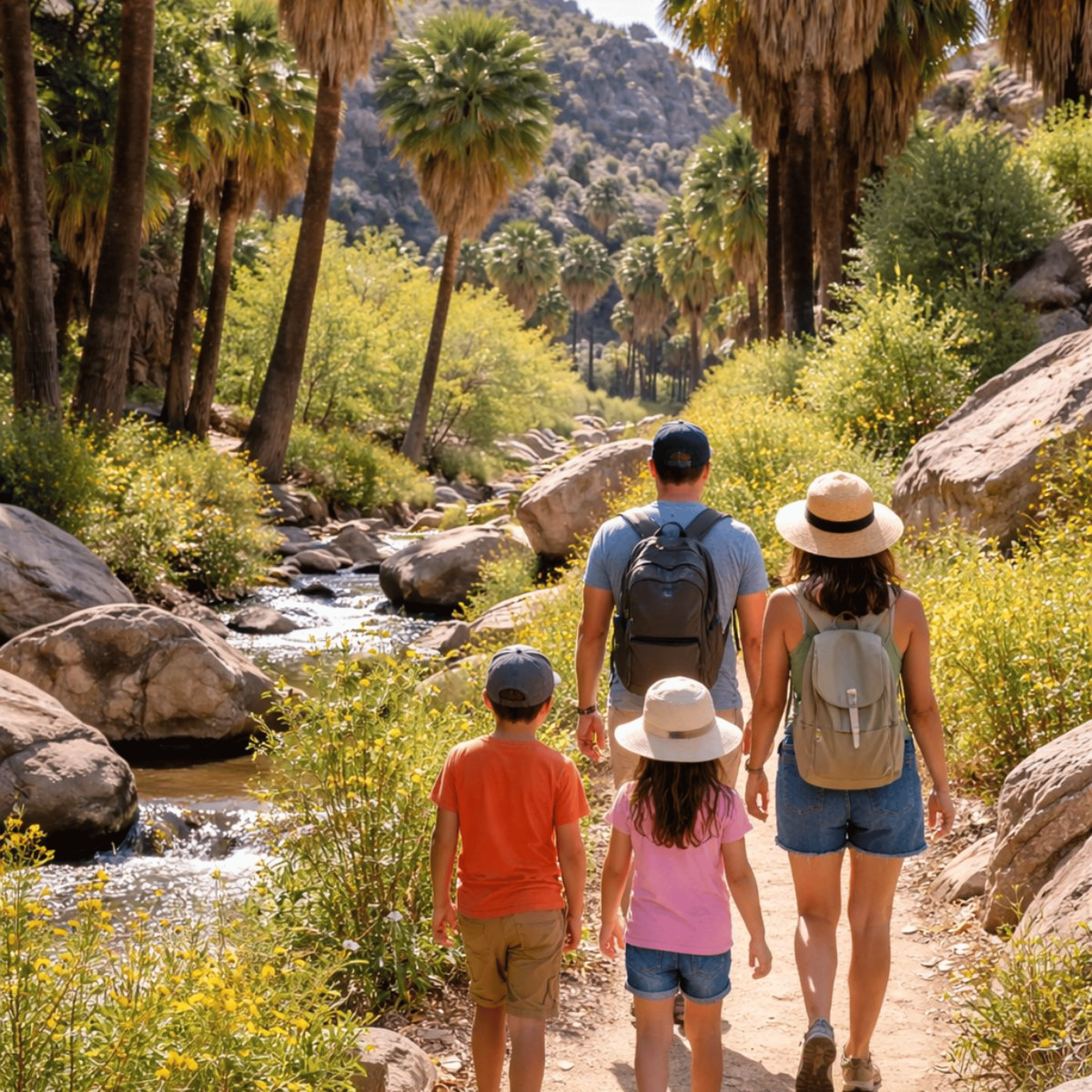 Family hiking in Indian Canyons Palm Springs in spring, palm trees and desert trail scenery