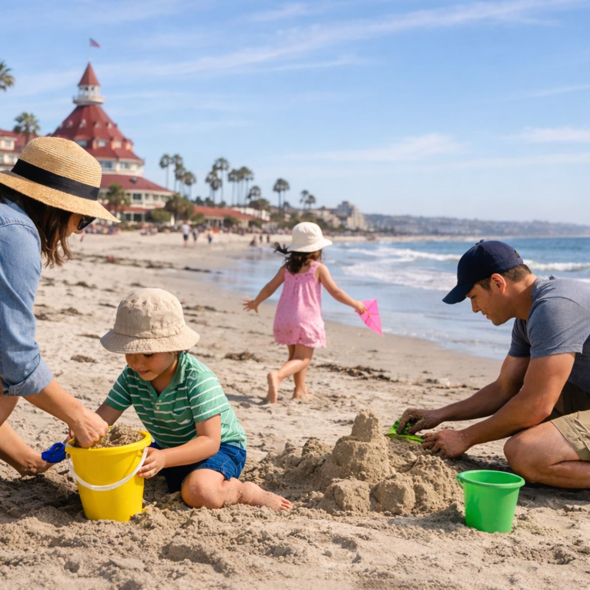 Family playing on a San Diego beach in spring, building sandcastles near the ocean