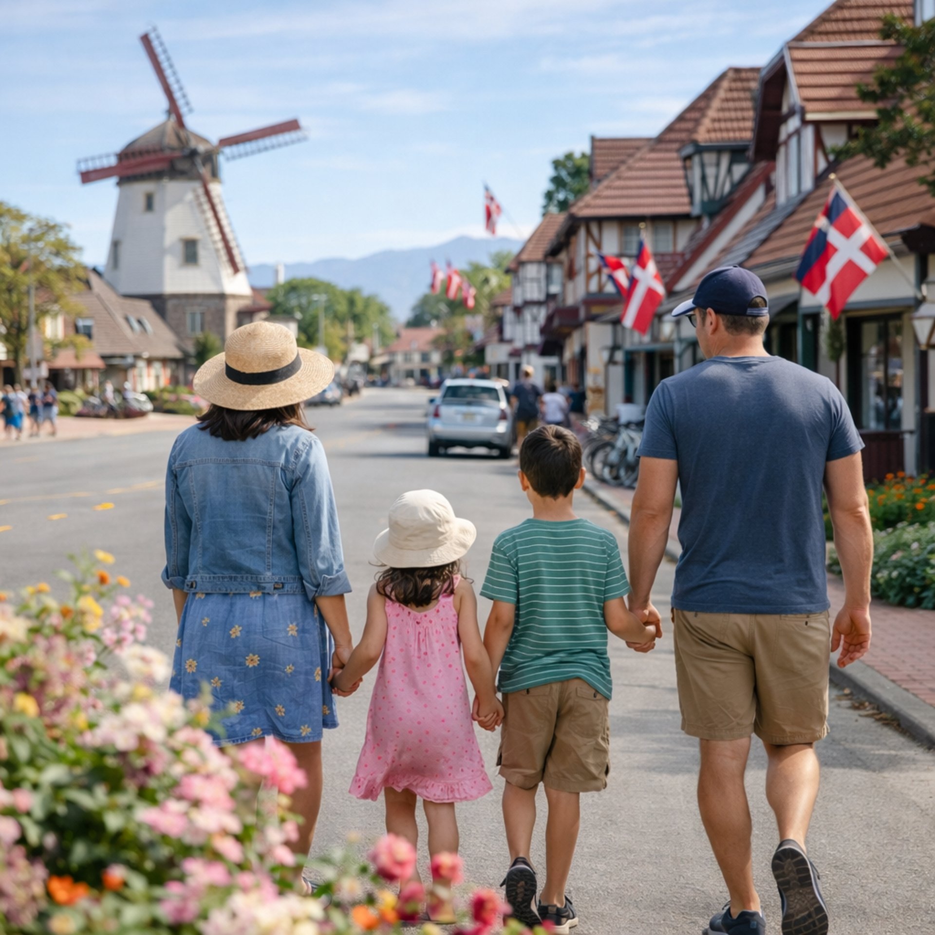 Family walking down Solvang main street in spring with no faces and Danish architecture in the background