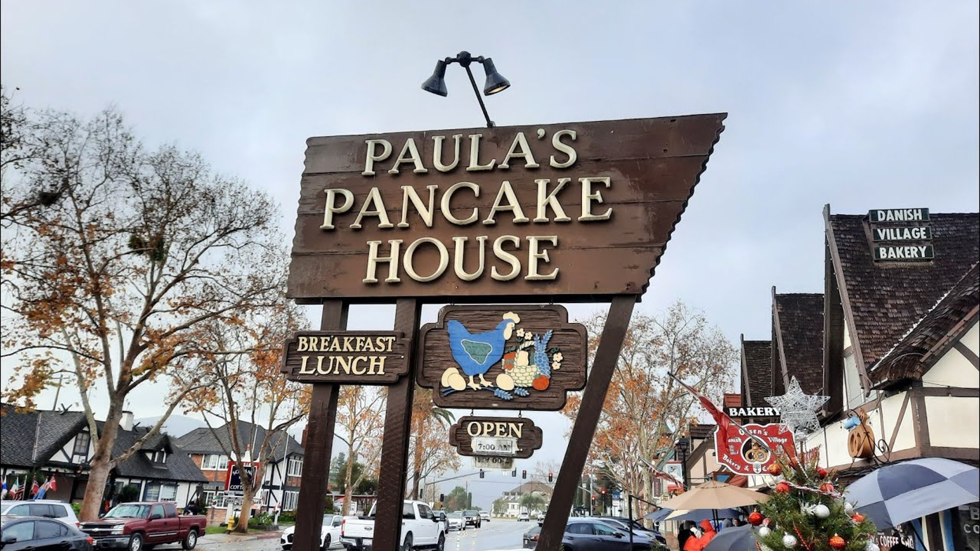 Paula’s Pancake House in Solvang, California with outdoor seating, a popular family-friendly breakfast spot