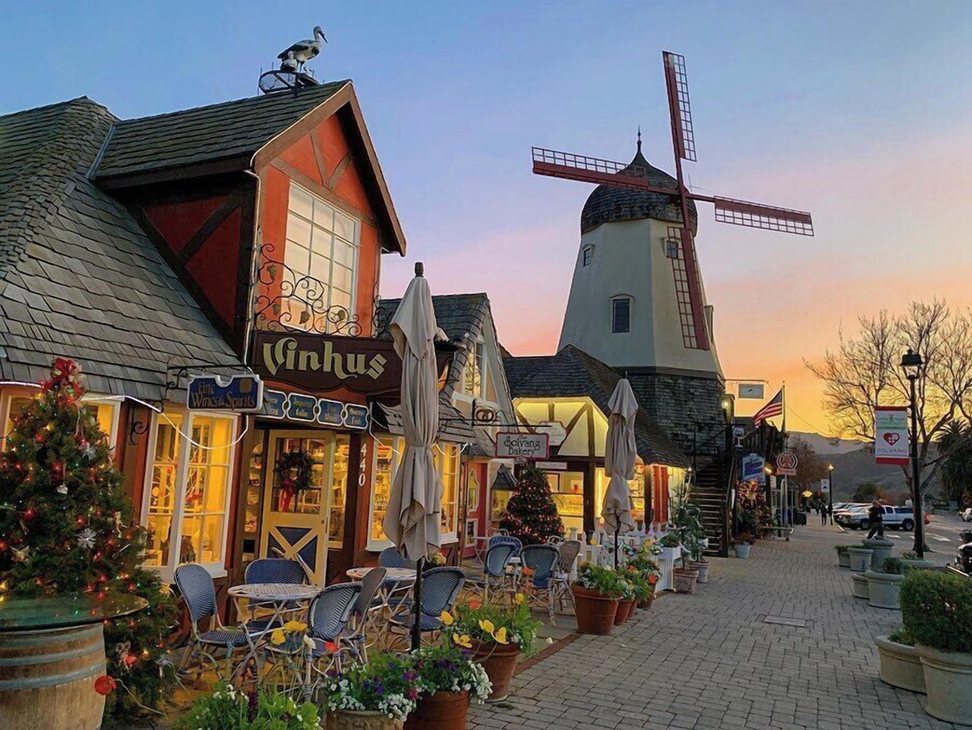 Downtown Solvang windmill and Danish-style buildings in Solvang, California