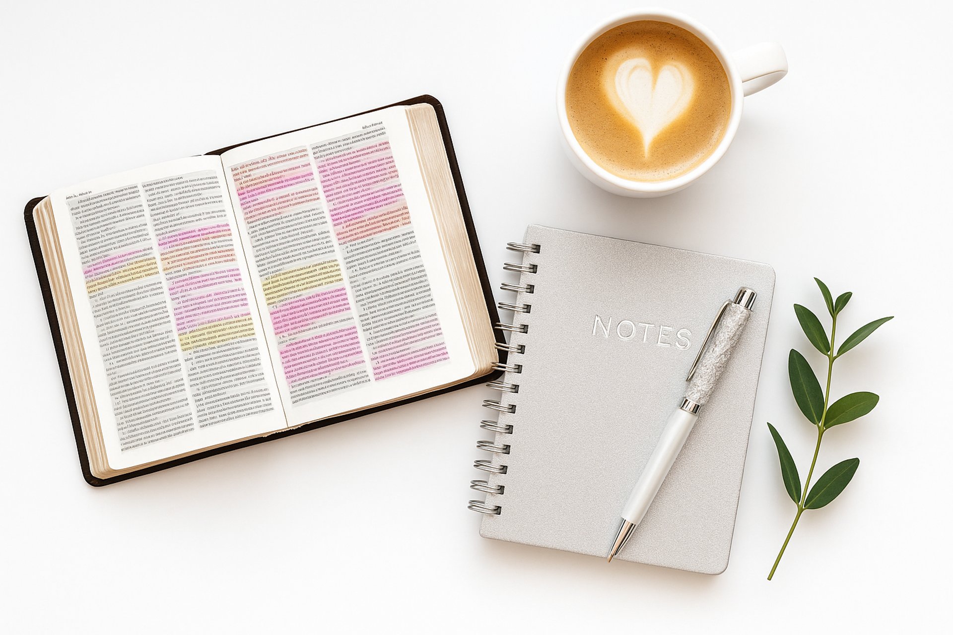 Open Bible with notes, Christian journal, and faith-based shop banner