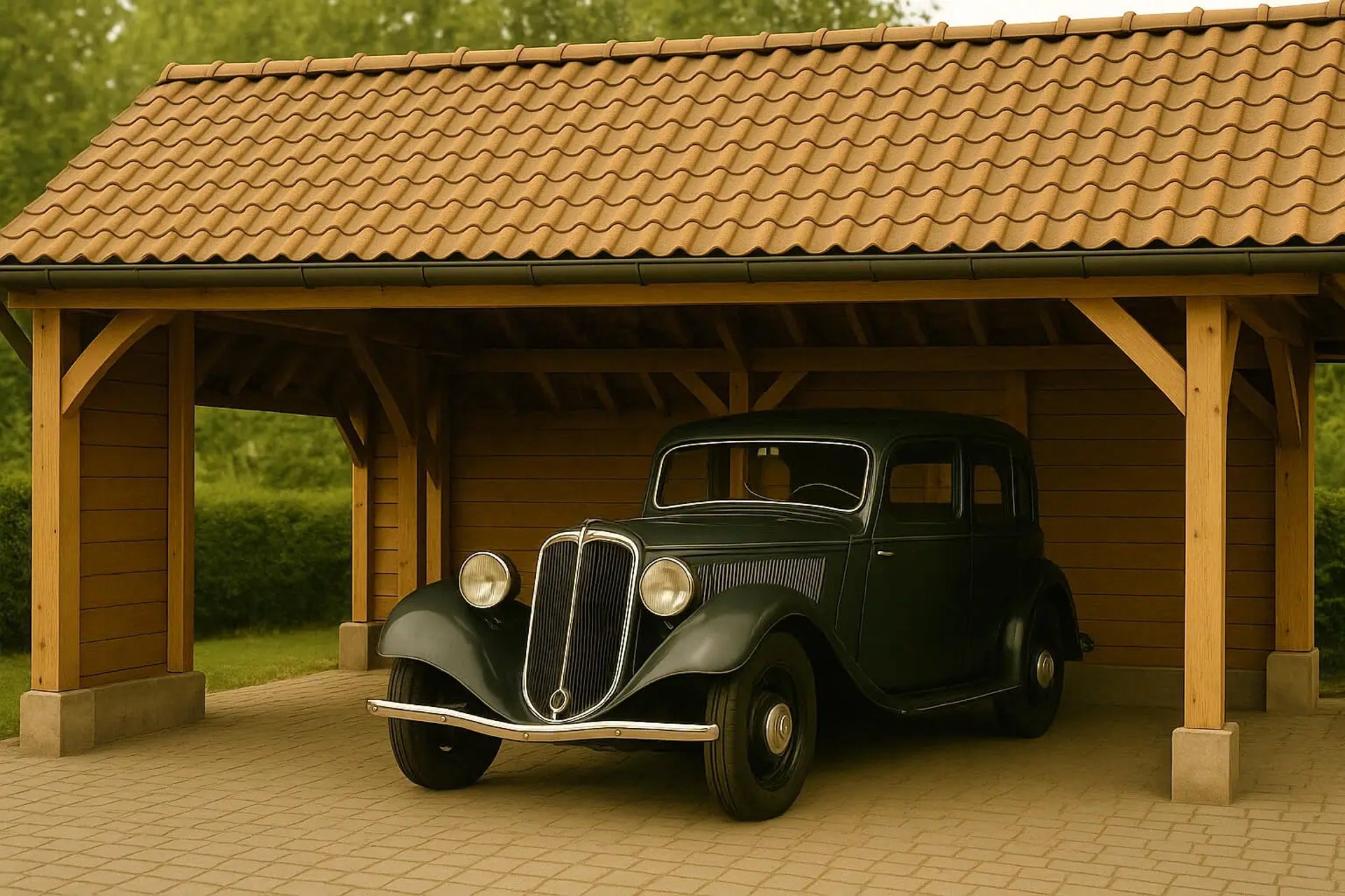 Carport en vois avec une voiture abritée dessous vintage