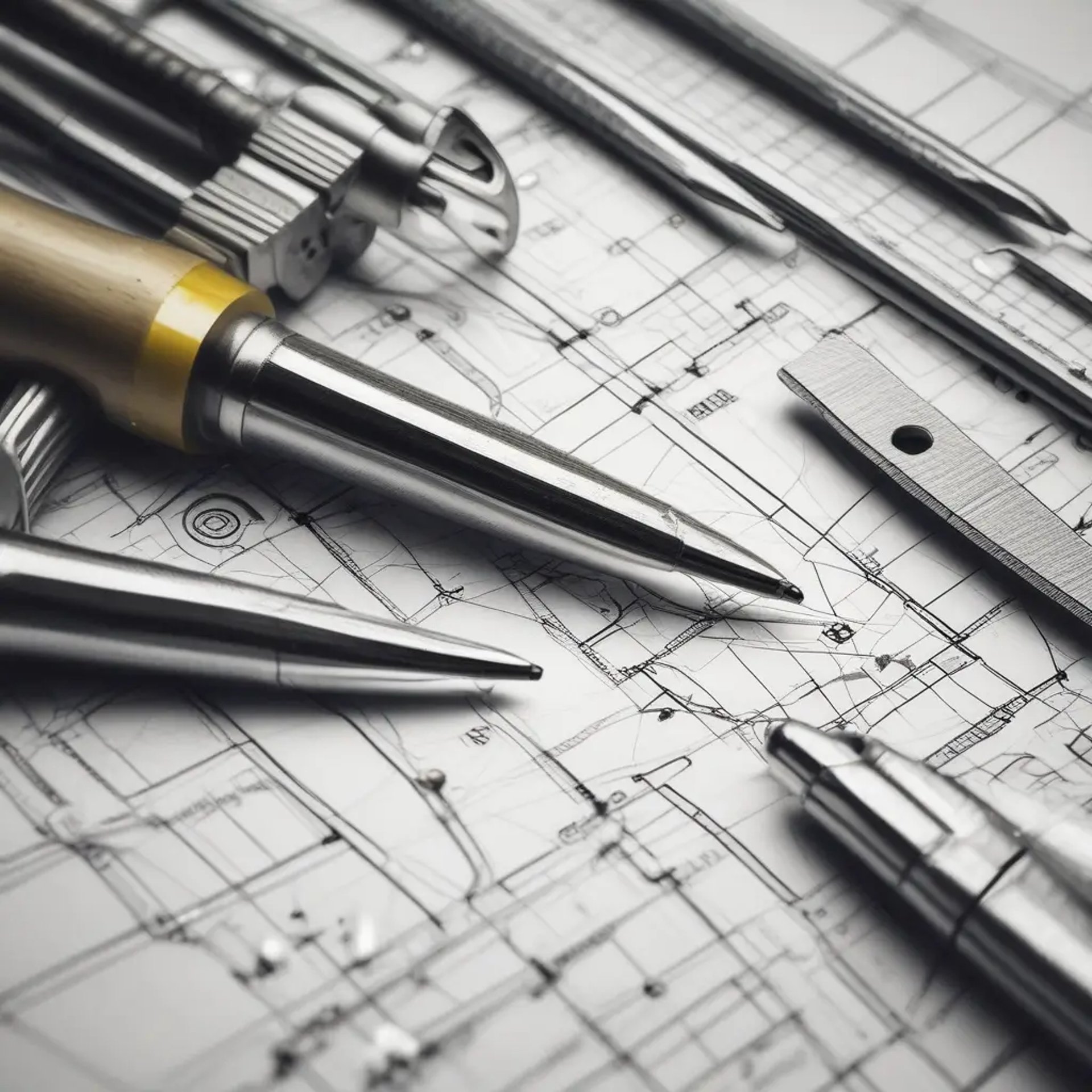 Gros plans sur un plan d'architecte et des outils de traçage