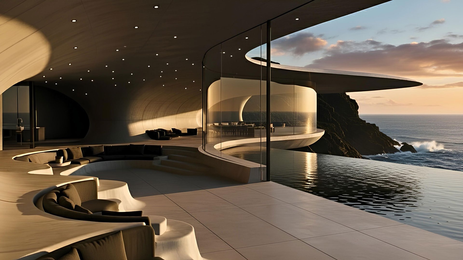 an abstract photo of a curved building with a blue sky in the background