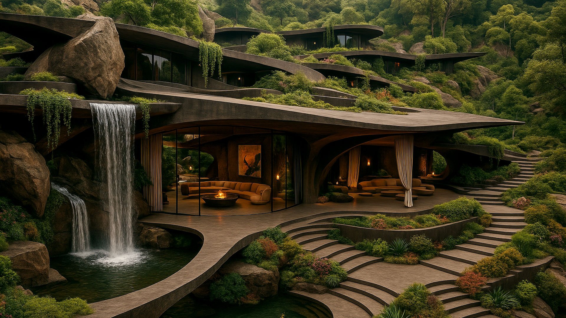 an abstract photo of a curved building with a blue sky in the background