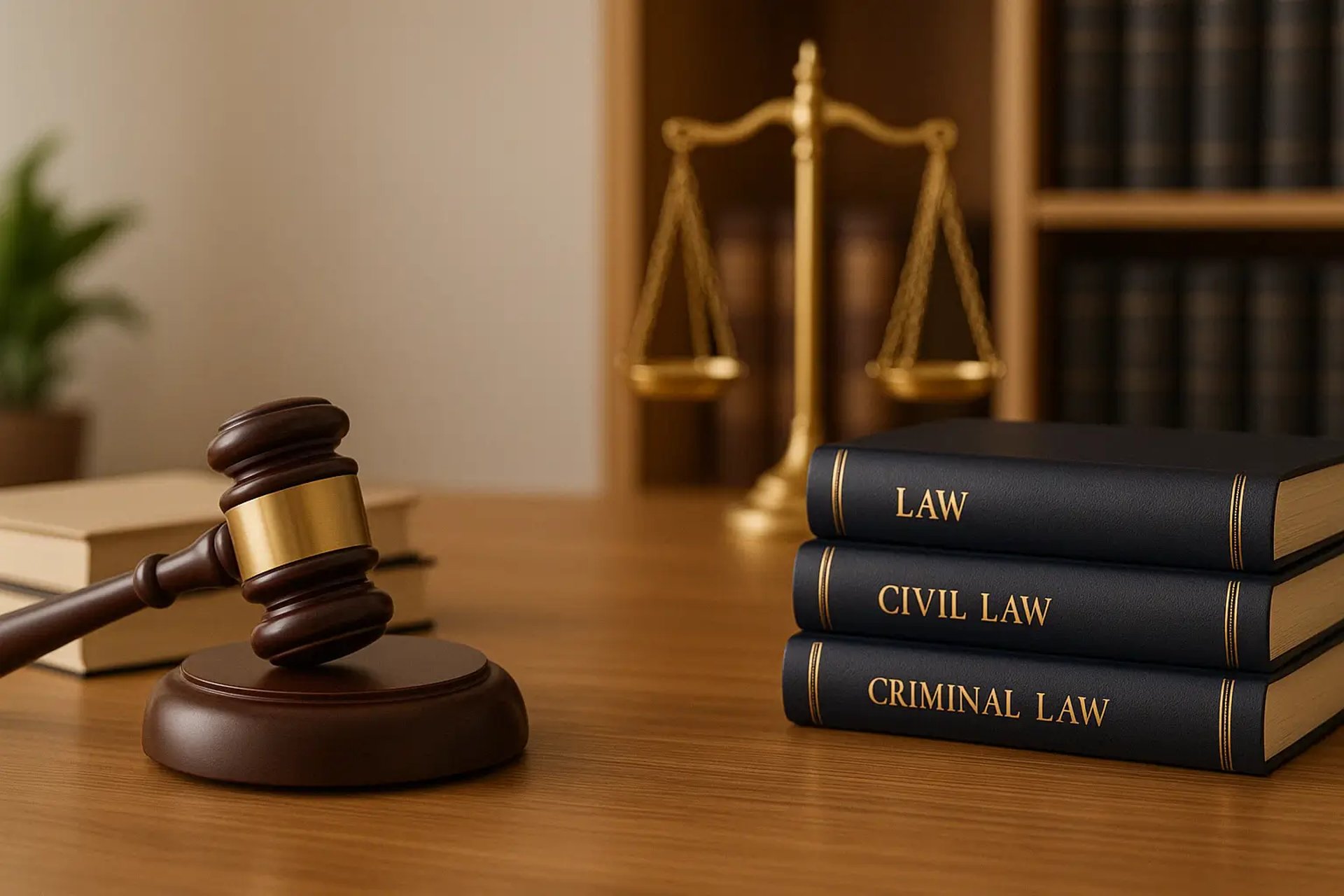 Oficina jurídica con mazo de juez, balanza dorada y libros de derecho. 