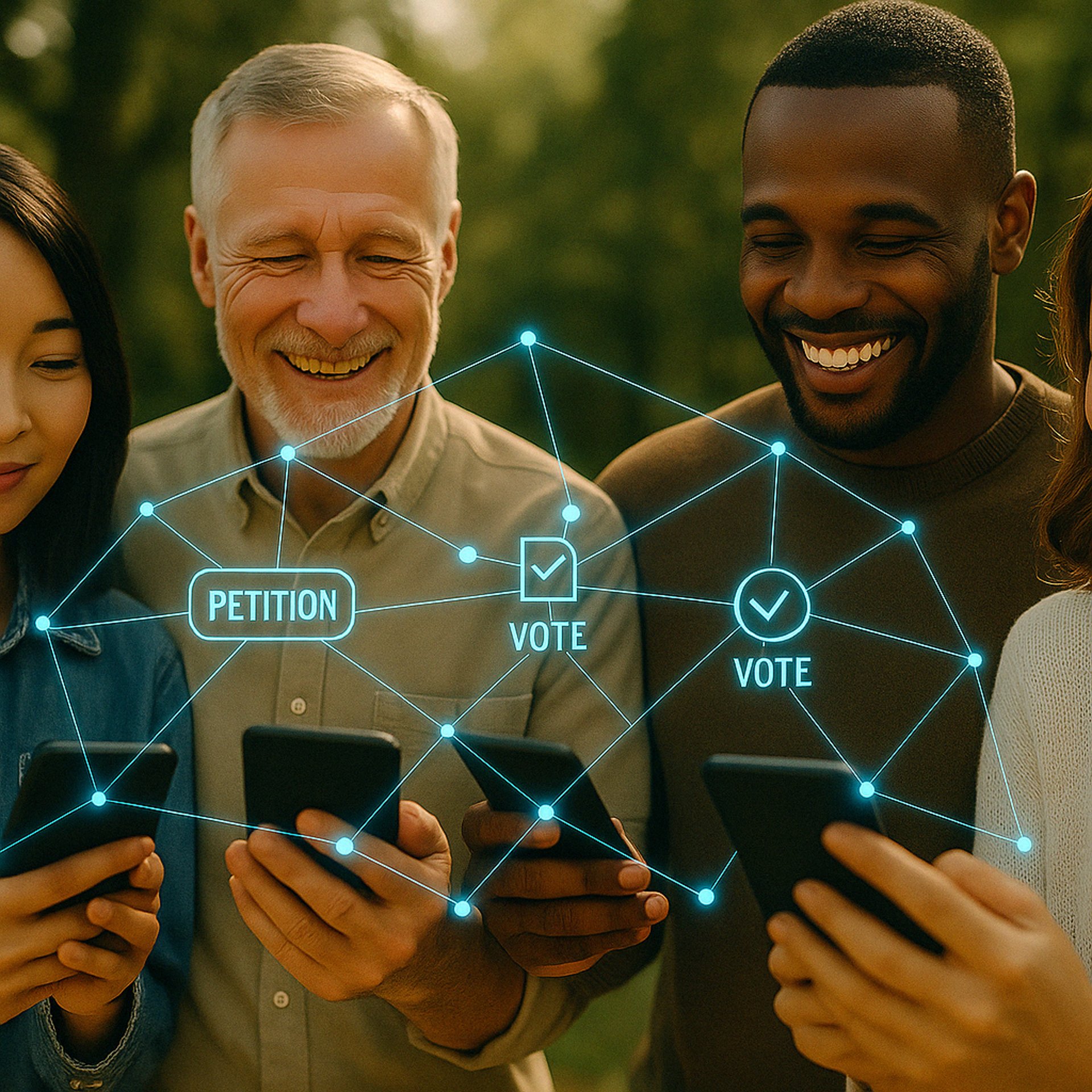 Four smiling citizens from diverse backgrounds using smartphones outdoors, connected by a glowing blue network overlay labels