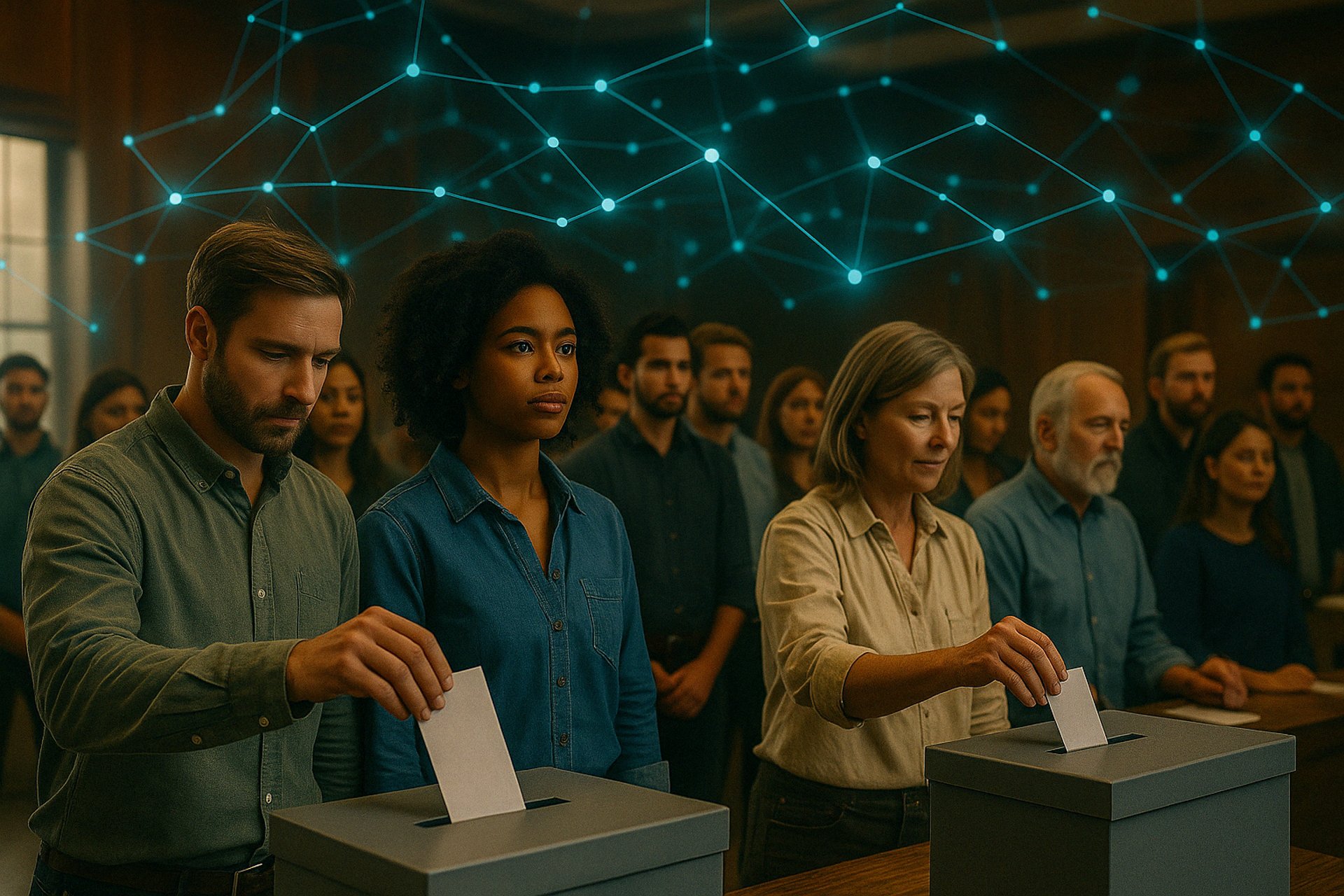 "Photorealistic image of diverse citizens casting votes in ballot boxes with a glowing digital network overlay, symbolizing b