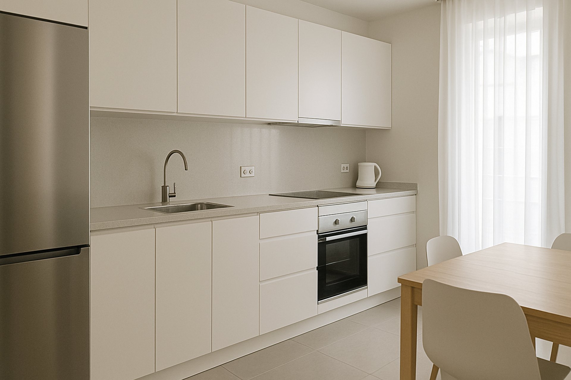 gray steel 3-door refrigerator near modular kitchen