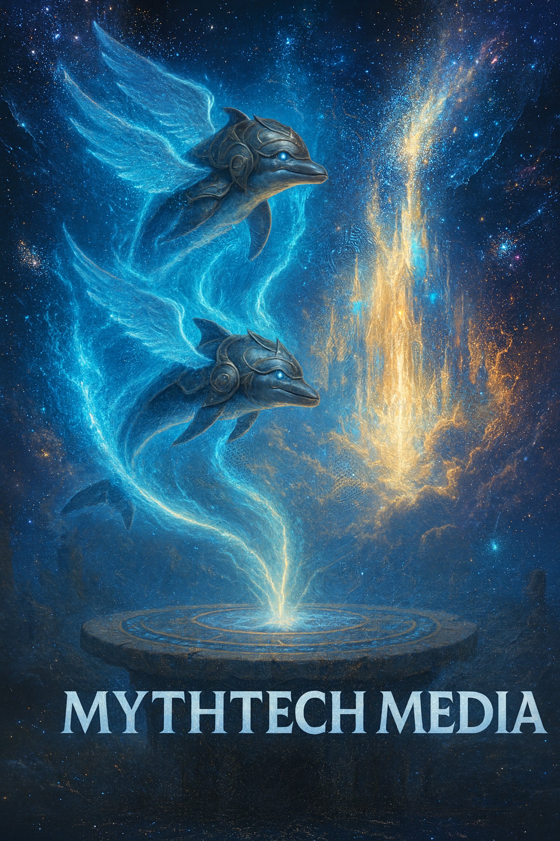 "Epic cosmic artwork of armored dolphins with wings, symbolizing MythTech Media. A blend of fantasy, technology, and mythic 