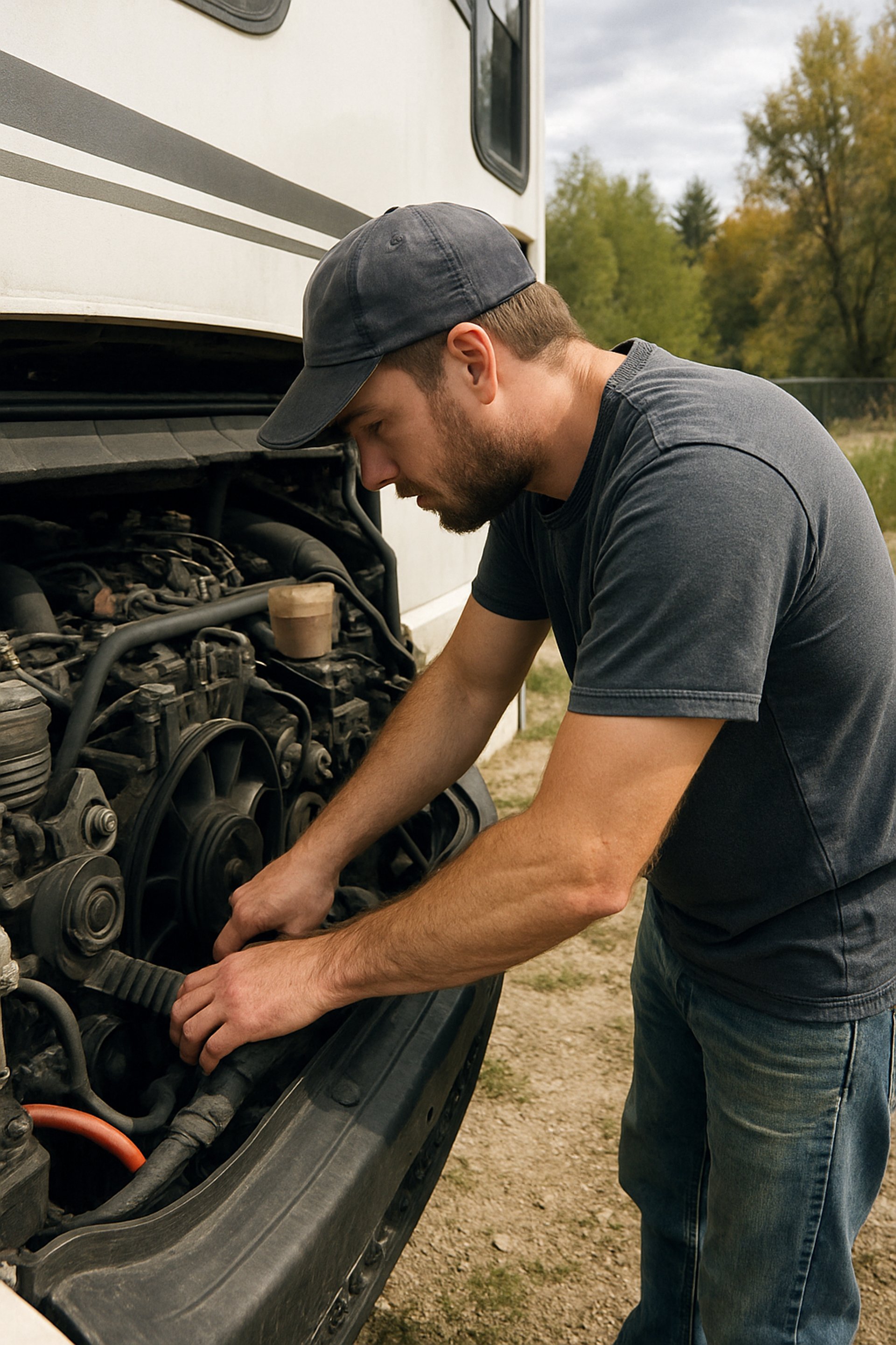 a truck driving down a road with mountains in the background