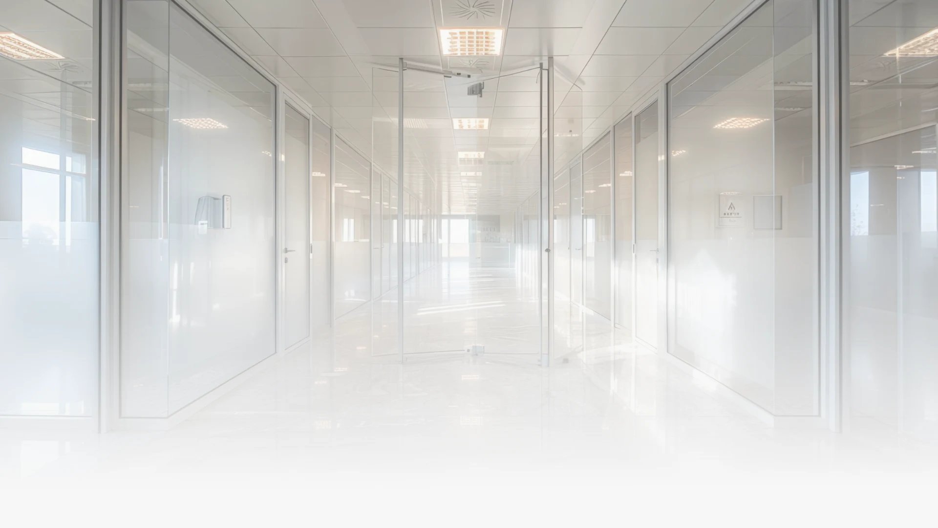 Bright, modern office corridor with glass walls and doors, featuring polished marble floors and minimalistic design elements.