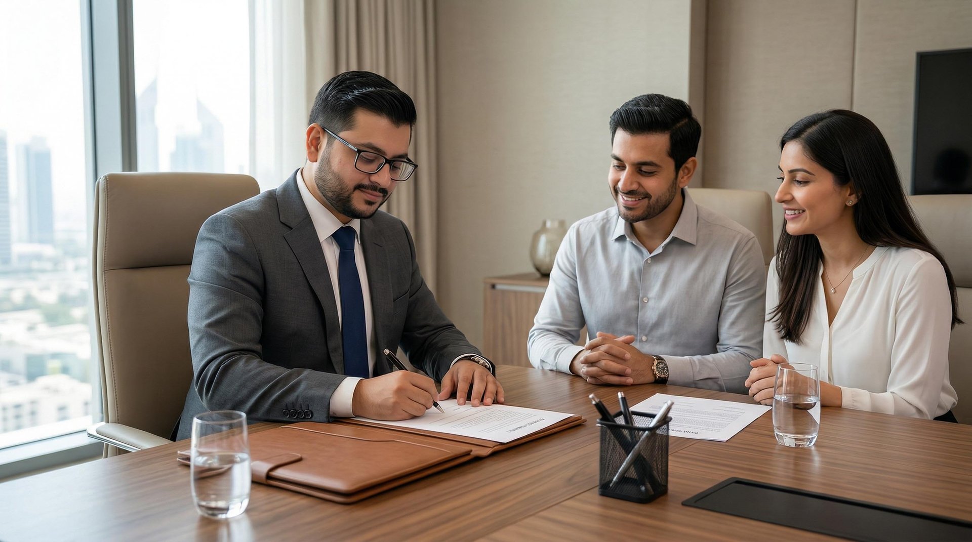 a man in a suit writing on a tablet