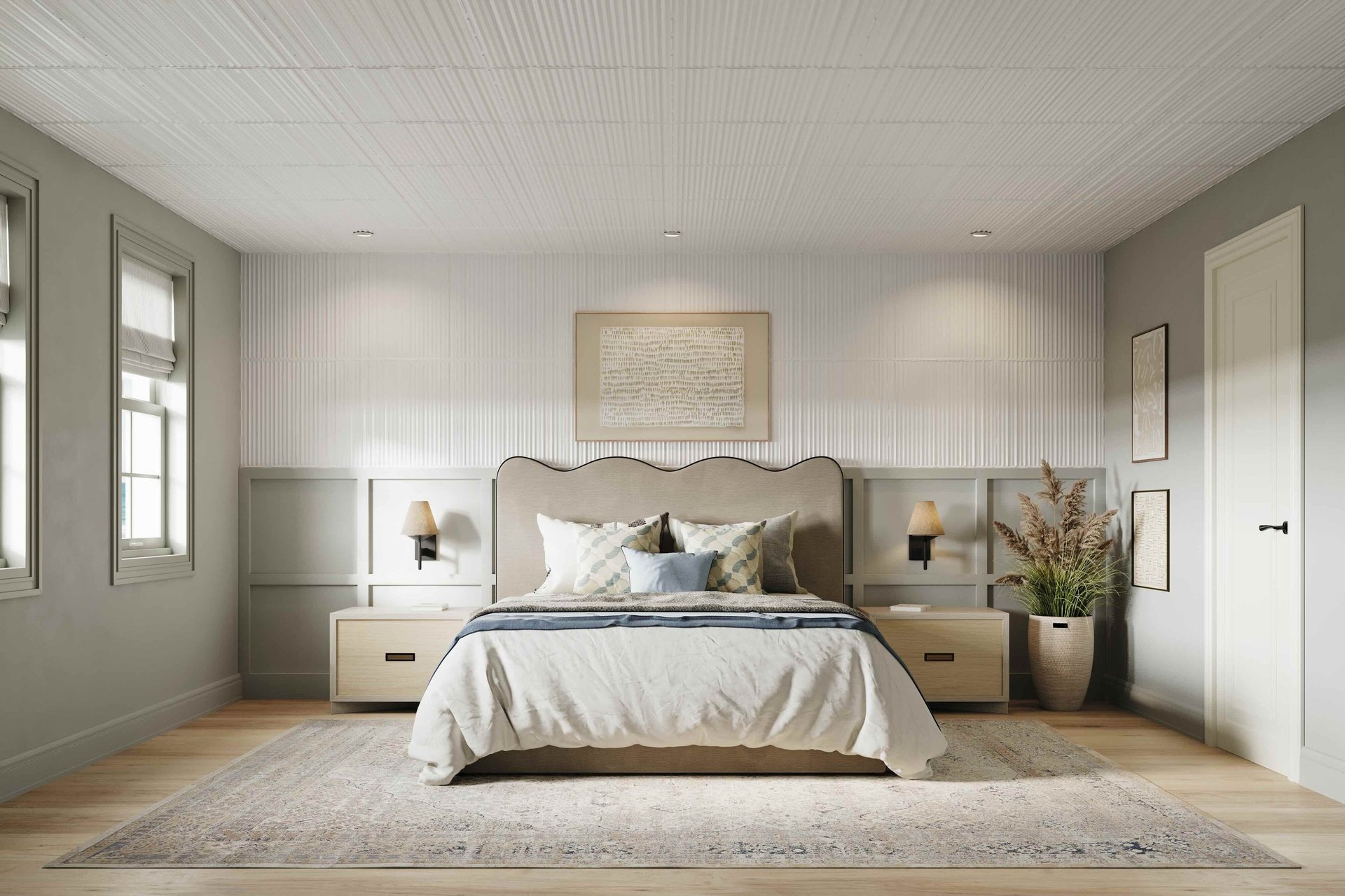 an abstract photo of a curved building with a blue sky in the background