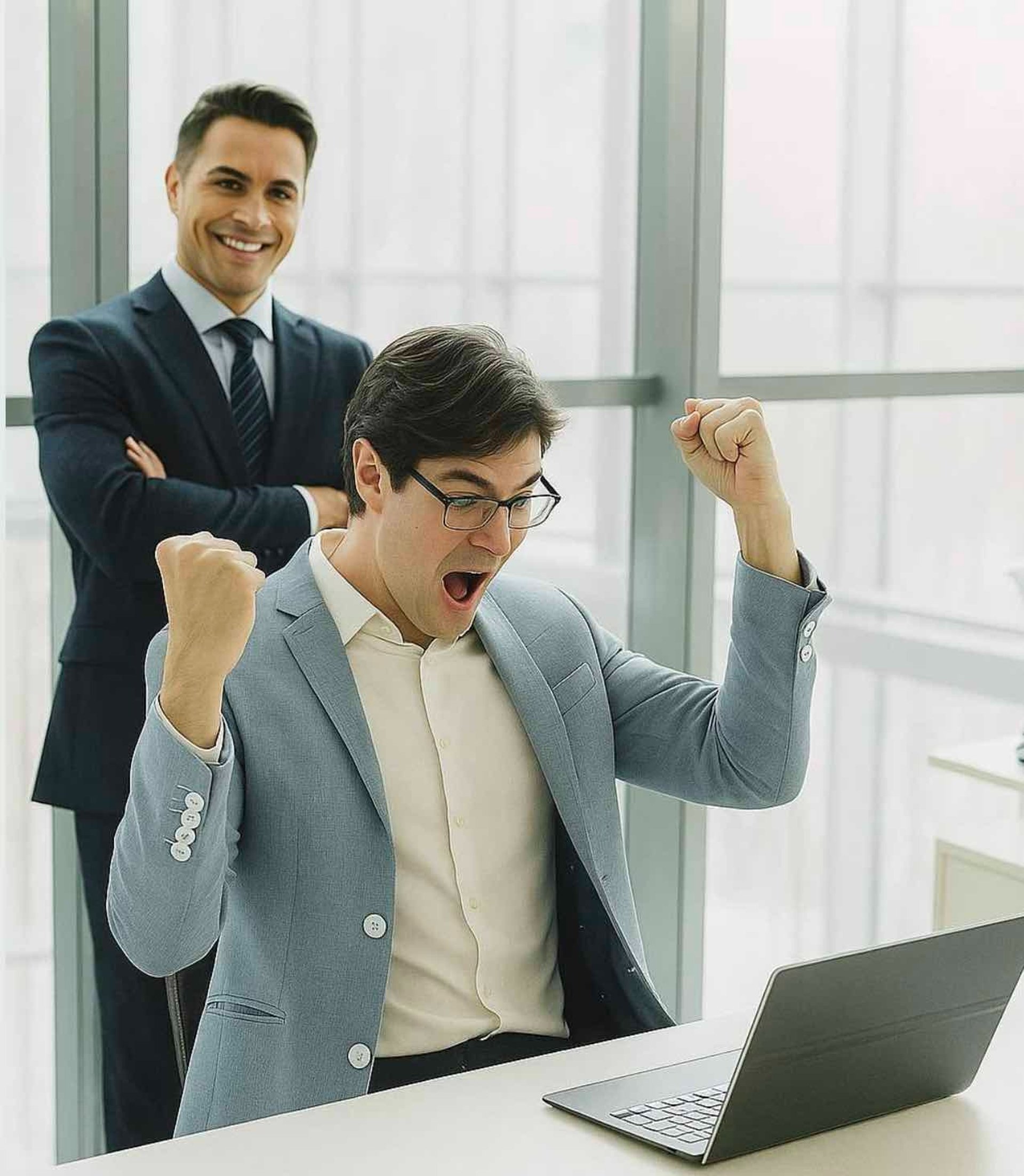 Man in suit celebrating success at office desk.