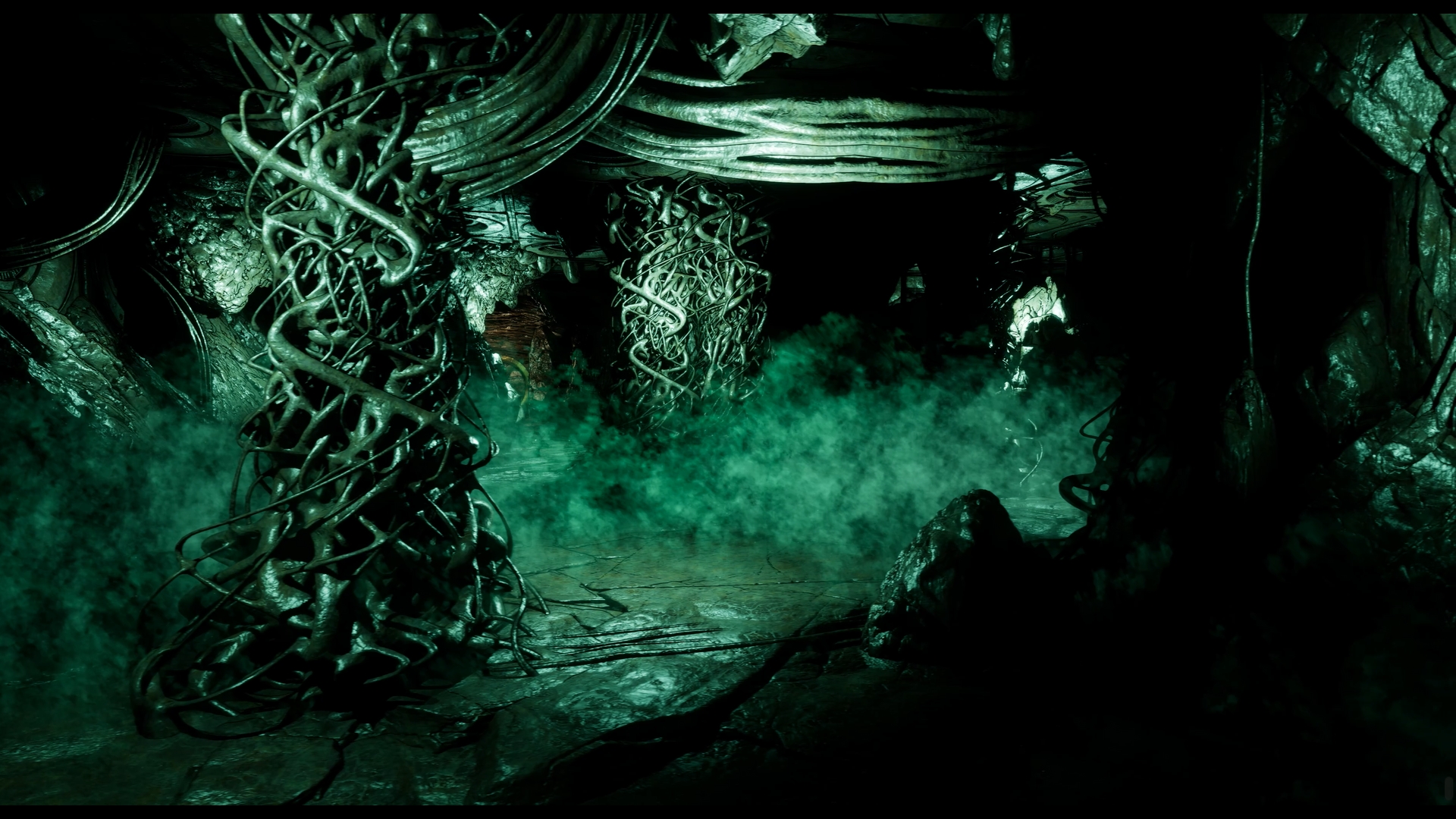 Imperfection FPS in-game: green and black cavern; tubes, pipes like organic matter entwined in pillars and hanging from above
