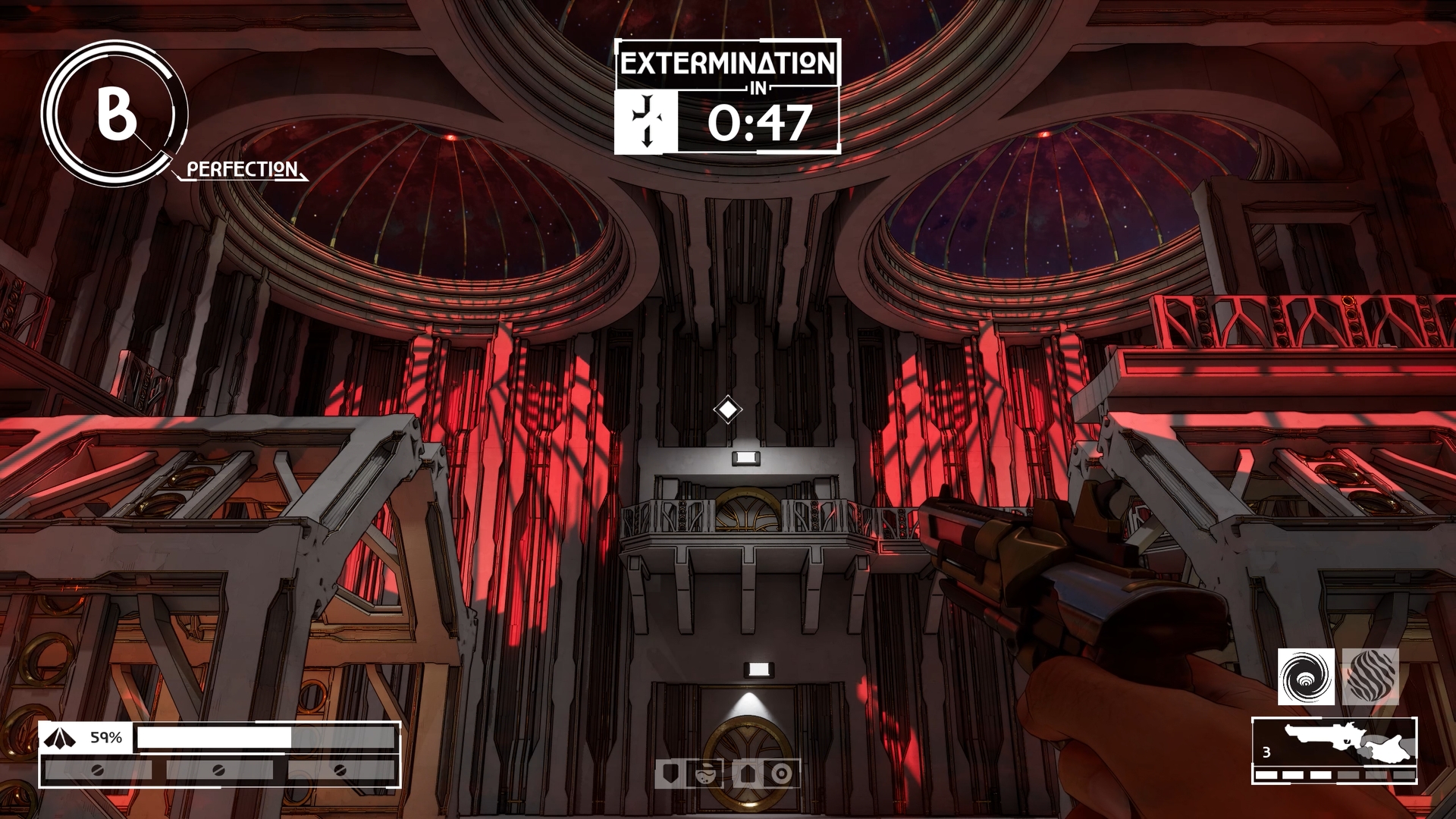 Imperfection FPS in-game: big white hall with red light, a countdown states "Extermination in 0:47"