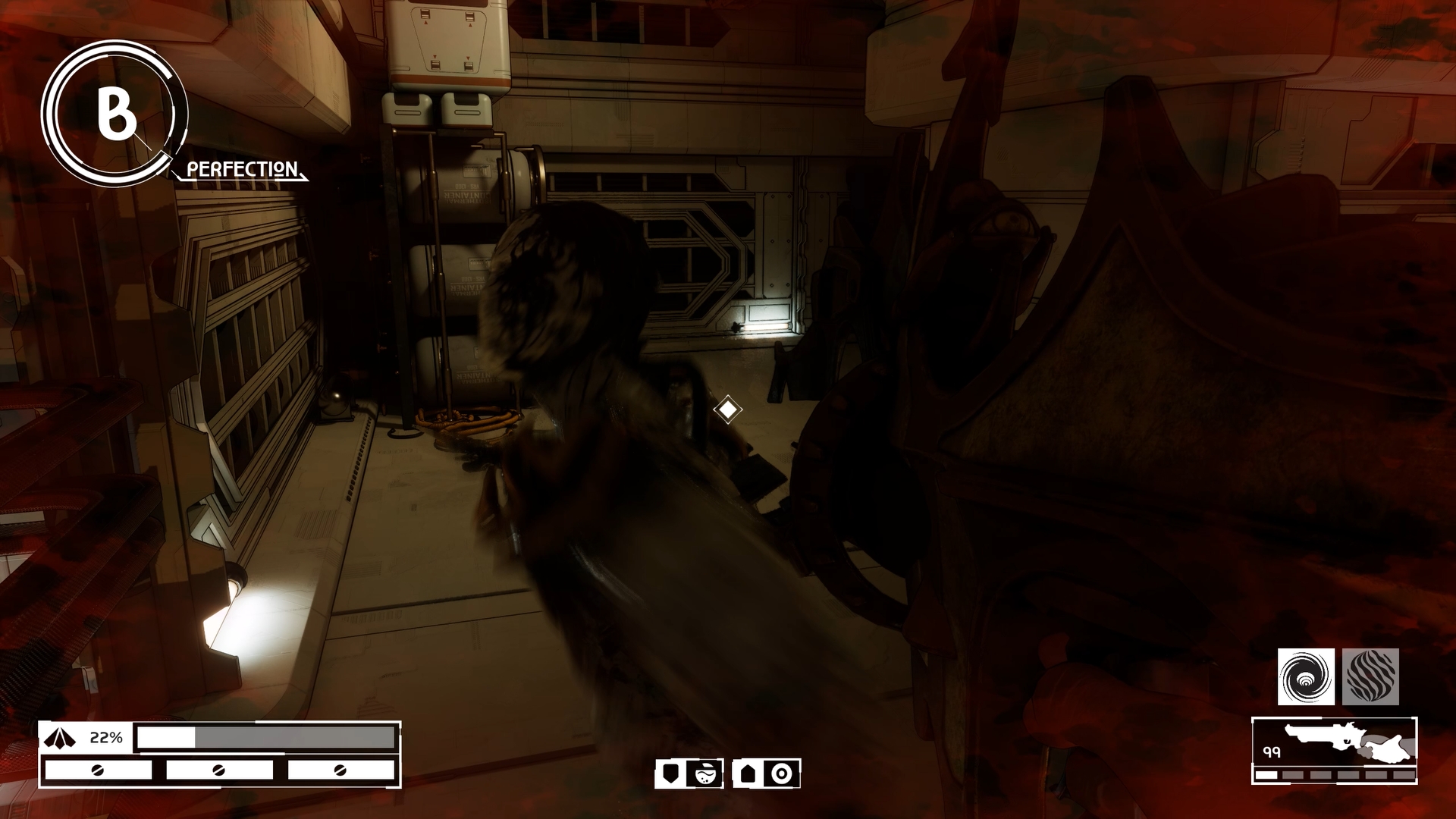 Imperfection FPS in-game: dark alley in a spaceship, player is holding a big weapon and a humanoid enemy is about to hit them