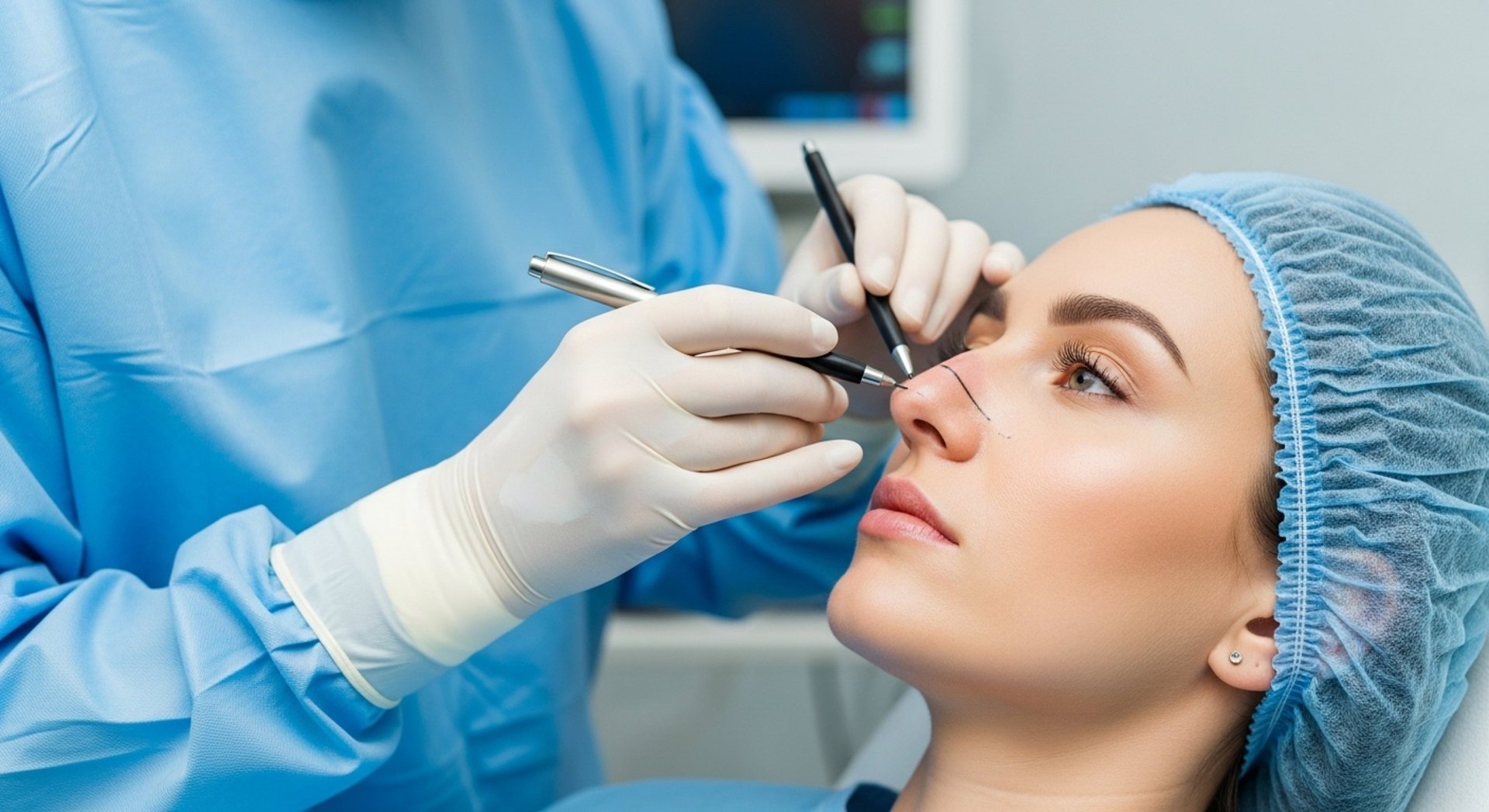 A person in a surgical cap with their eyes open is having their nose marked with a pen by a gloved hand, likely