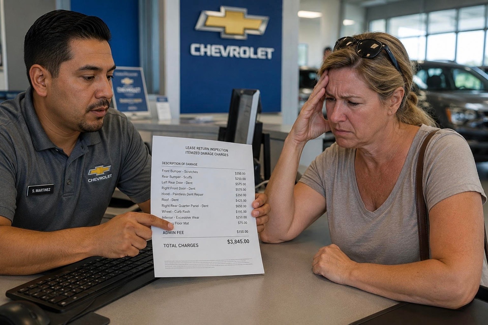 Customer reviewing lease return dent repair charges at a Chevrolet dealership during a vehicle inspection.