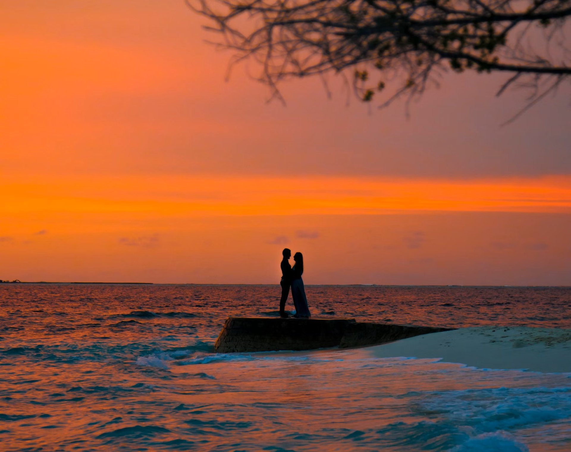 silhouette of person sitting on tree trunk on sea during sunset