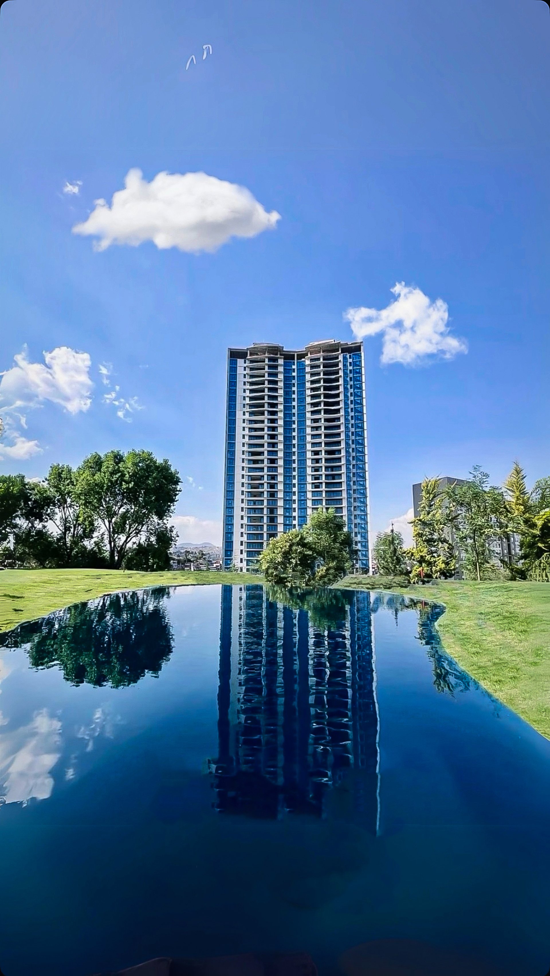 an abstract photo of a curved building with a blue sky in the background
