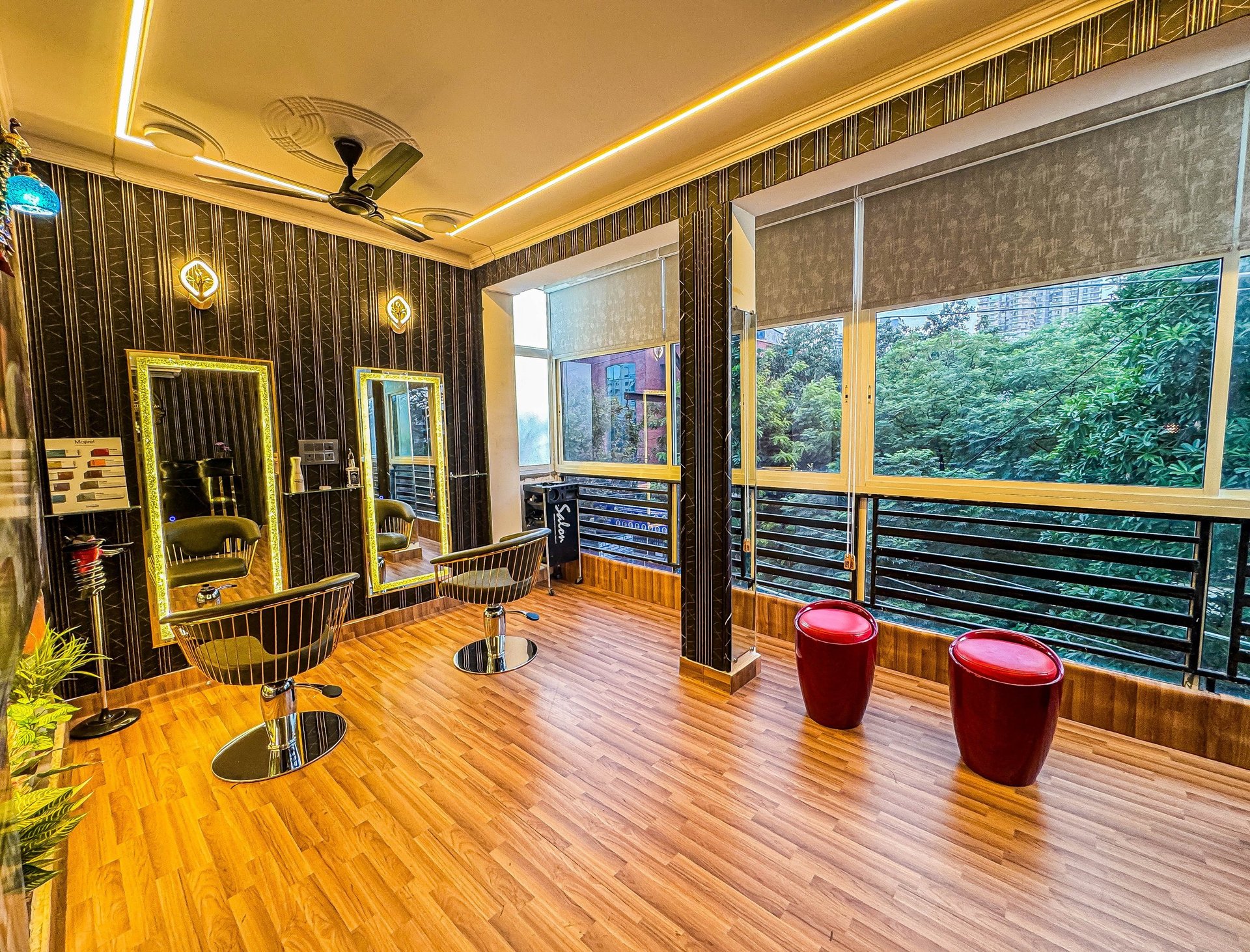 a room filled with furniture and a large window