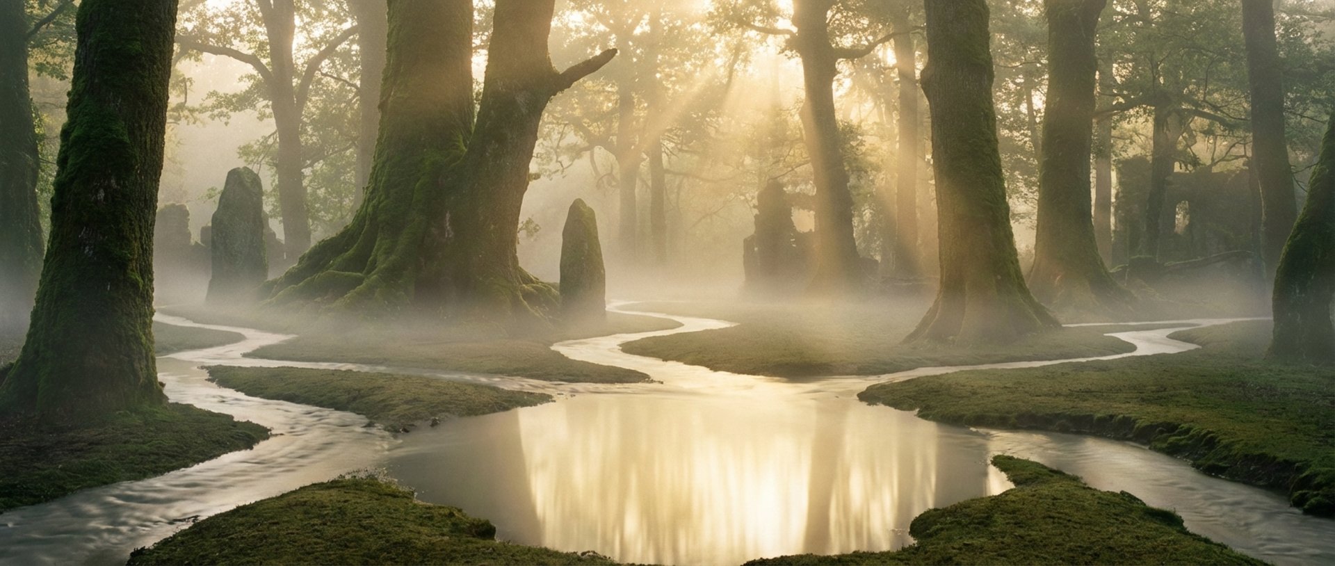 Streams converging in a misty sacred forest at dawn