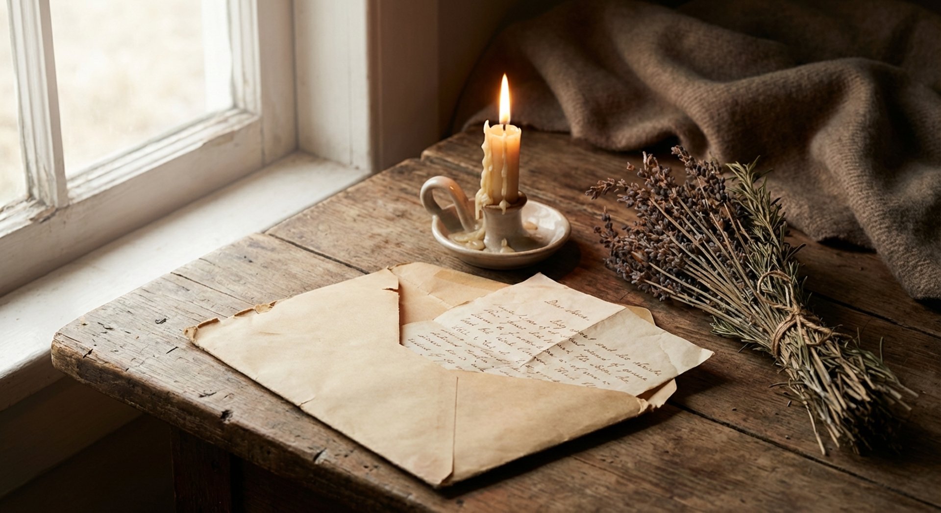 A handwritten letter, candle, and dried herbs on a wooden desk