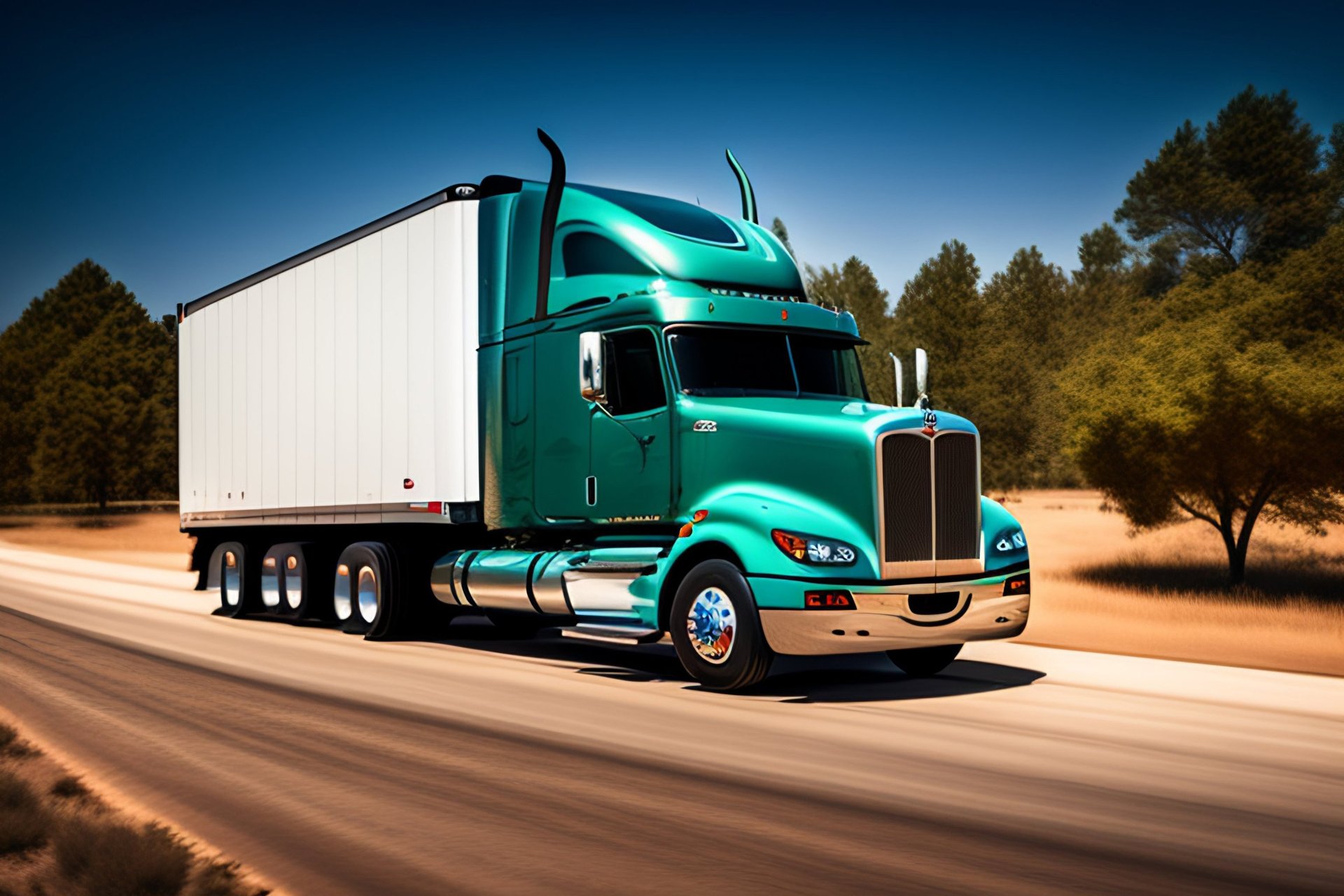 a white truck driving down a road next to a lush green field