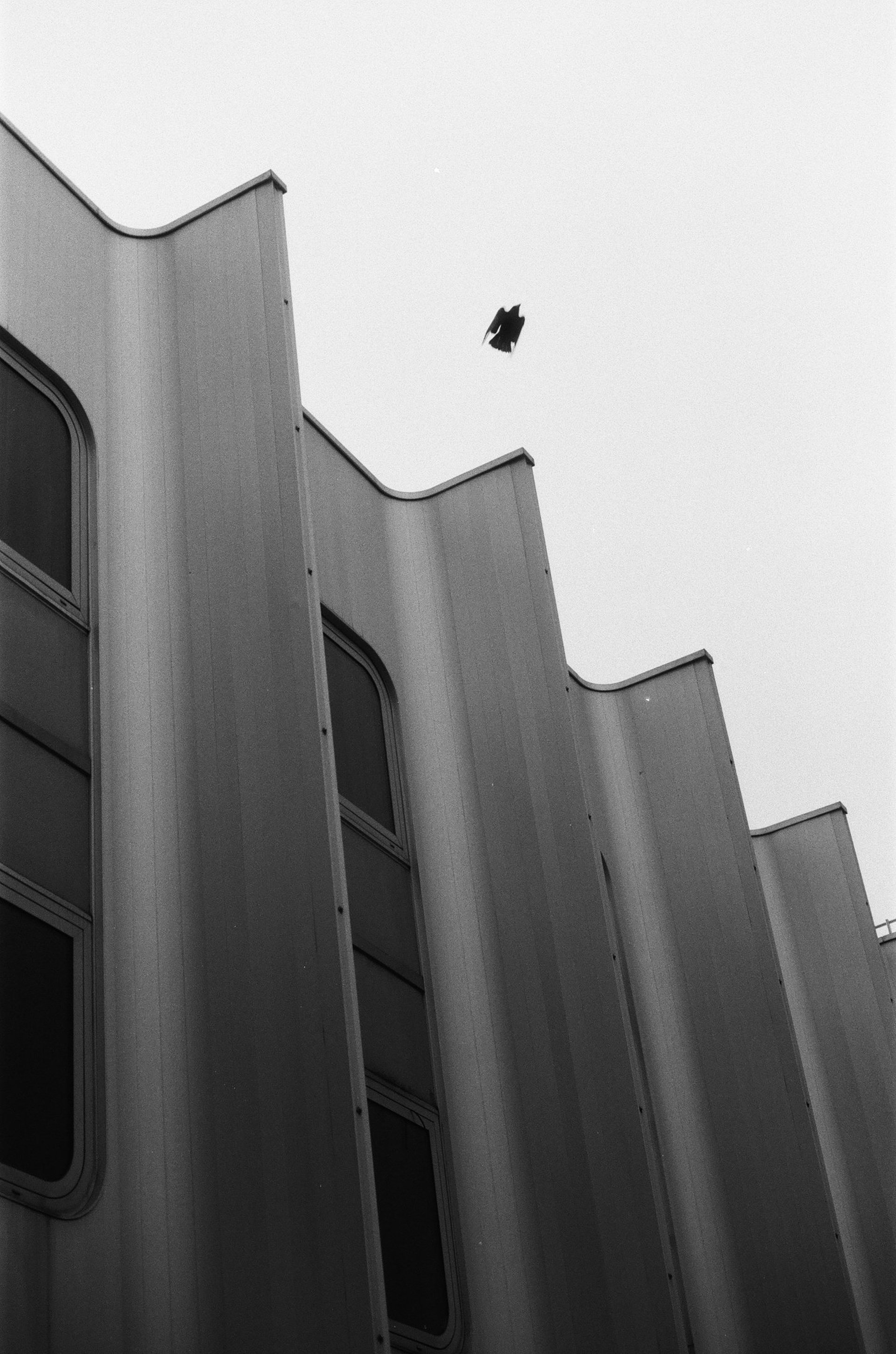 an abstract photo of a curved building with a blue sky in the background