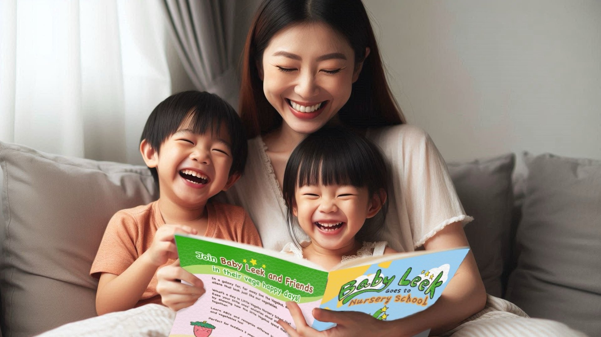 A mum and her two kids happily reading Baby Leek Goes to Nursery School together, with lots of laughter