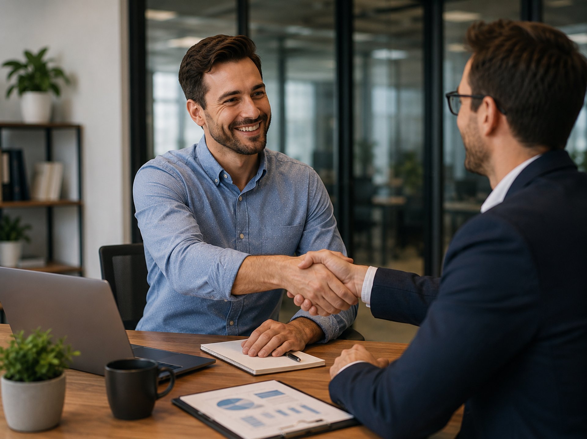 two men facing each other while shake hands and smiling