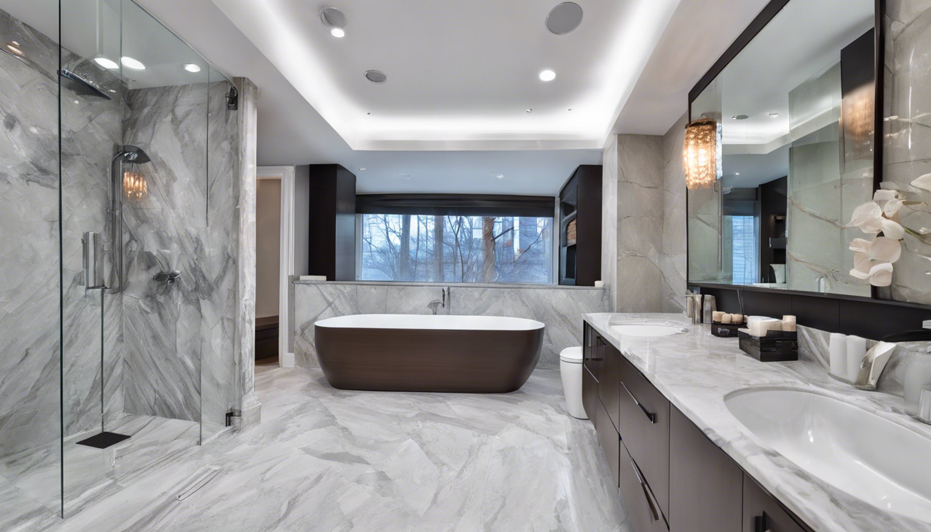 Custom master bathroom renovation in Toronto featuring dual vanities freestanding soaking tub and large glass walk-in shower.