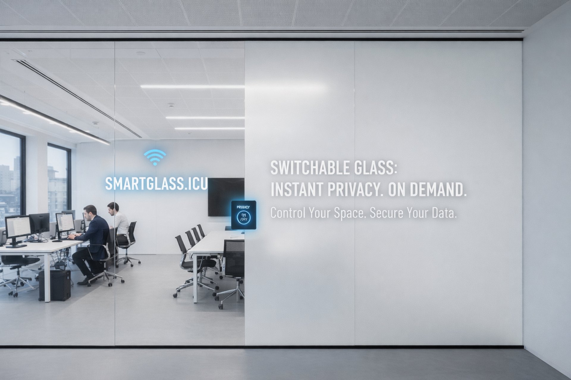 Opaque or clear.  smart film on office glass with modern sistem switchable glass for privacy 