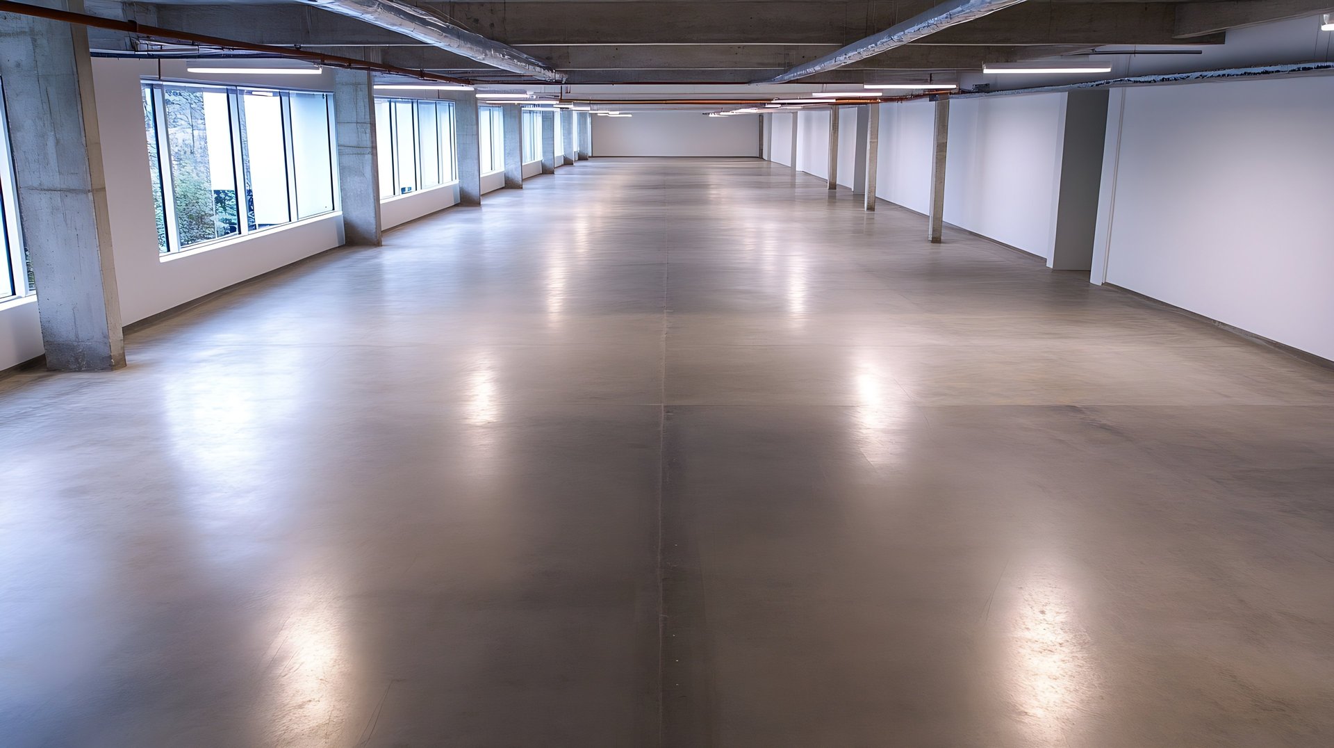 an empty room with a bench in the middle of it