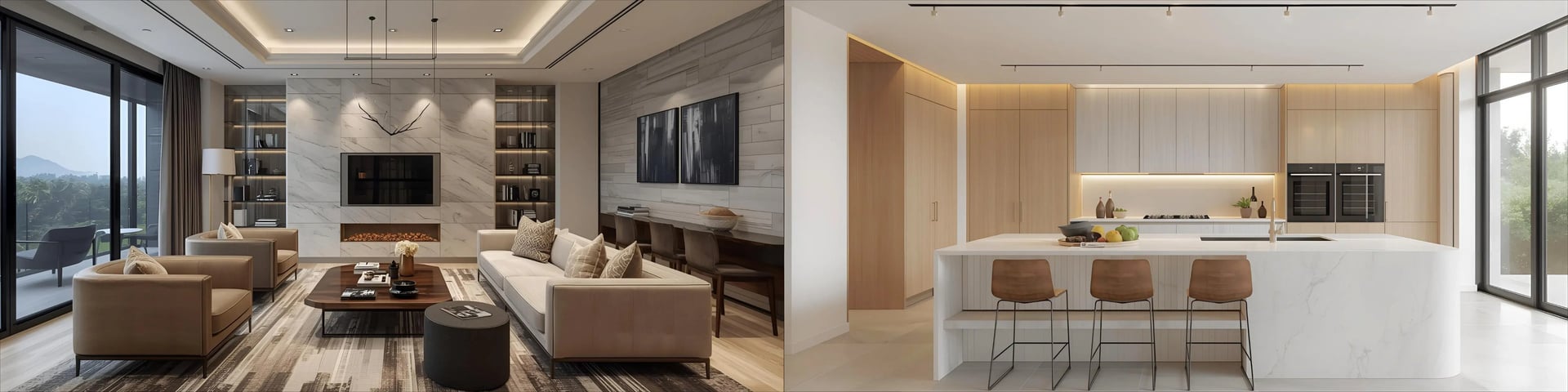 Interior of living room and kitchen