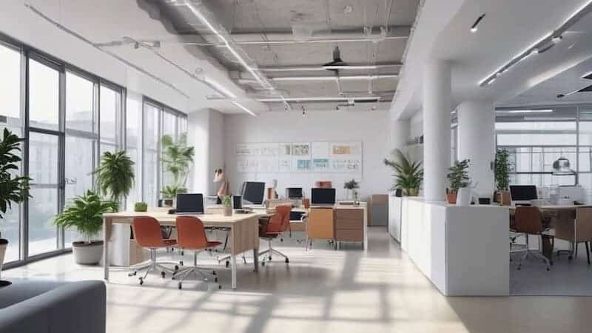 A light open plan office with empty desks and chairs representative of an HR consultancy client.