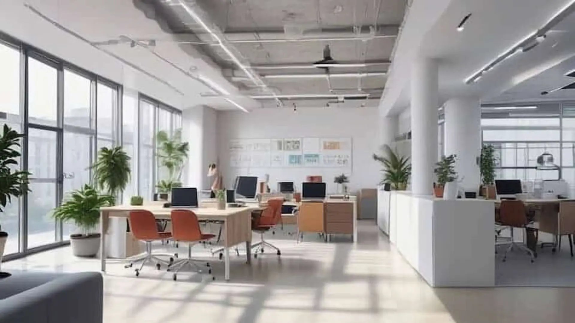 A light open plan office with empty desks and chairs representative of an HR consultancy client.