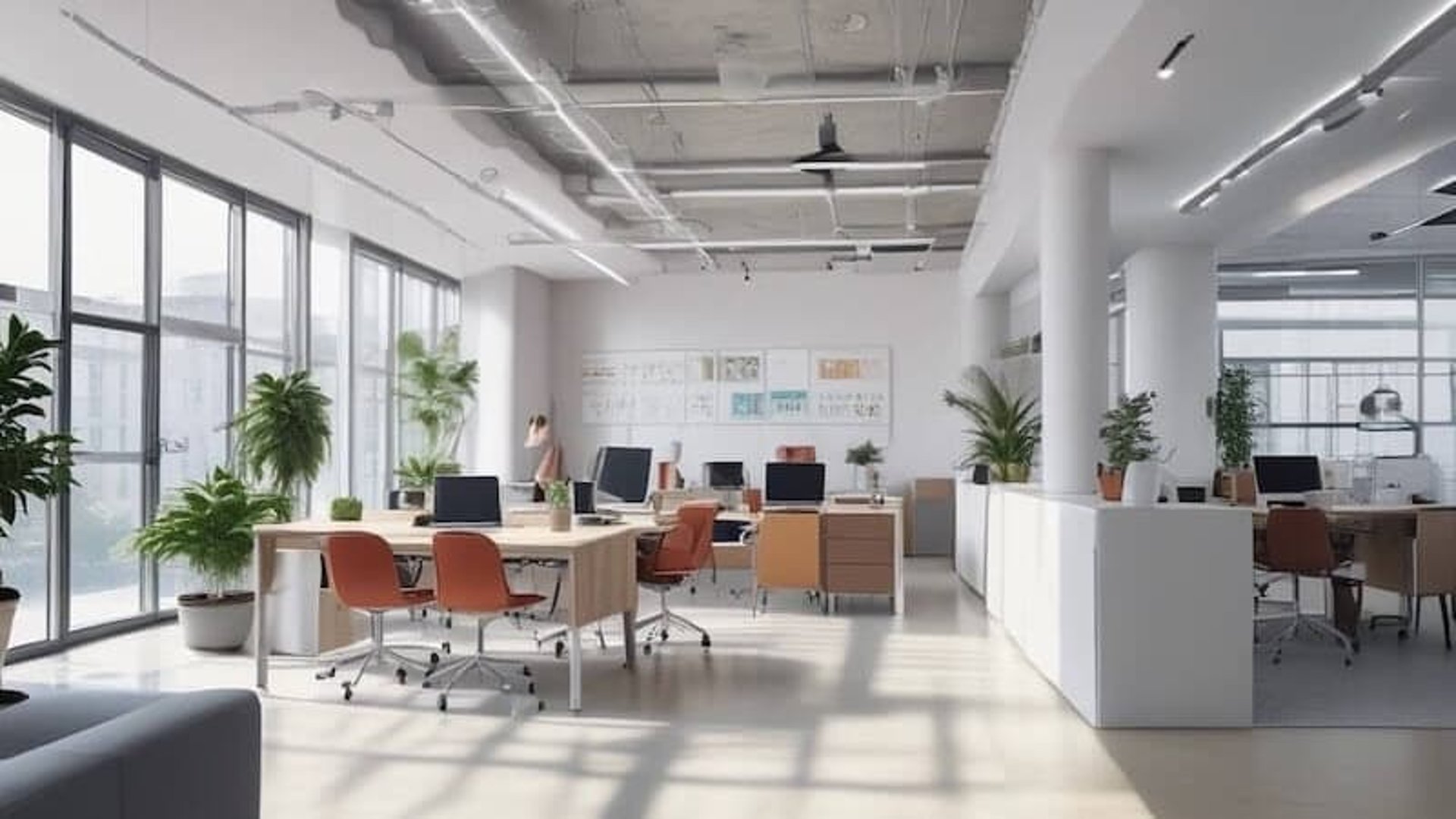 A large open plan office with desk and chairs and a large window to the left.