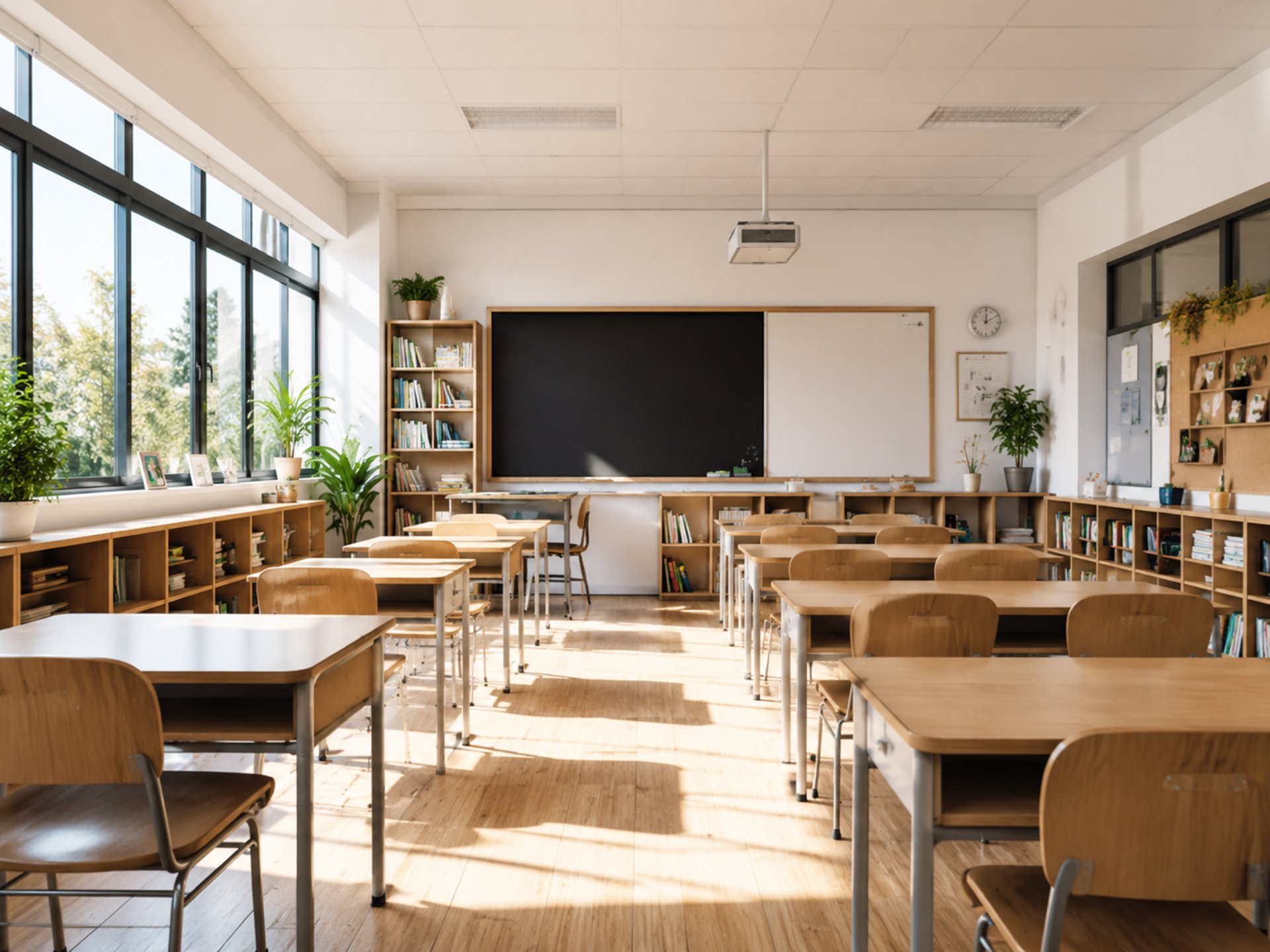 A classroom with rows of desks and windows