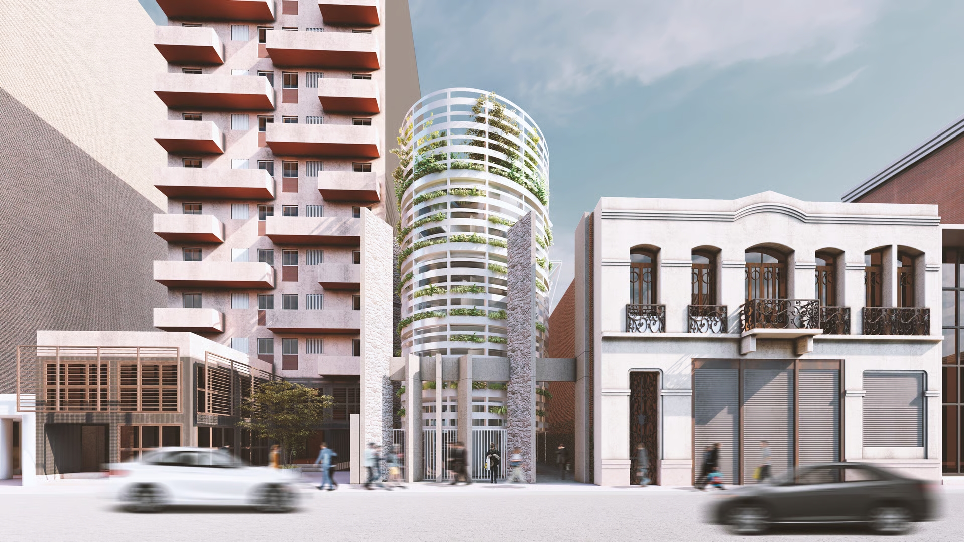 an abstract photo of a curved building with a blue sky in the background