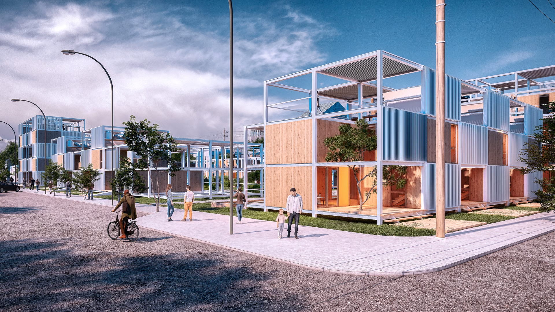 an abstract photo of a curved building with a blue sky in the background